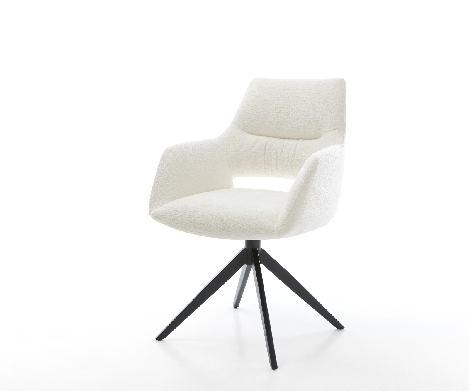 Jedálenská stolička Yago-Flex s opierkami bouclé mäkký béžová krížová podstava široká čierna 360° otočný hojdacia funkcia vrecková pružina