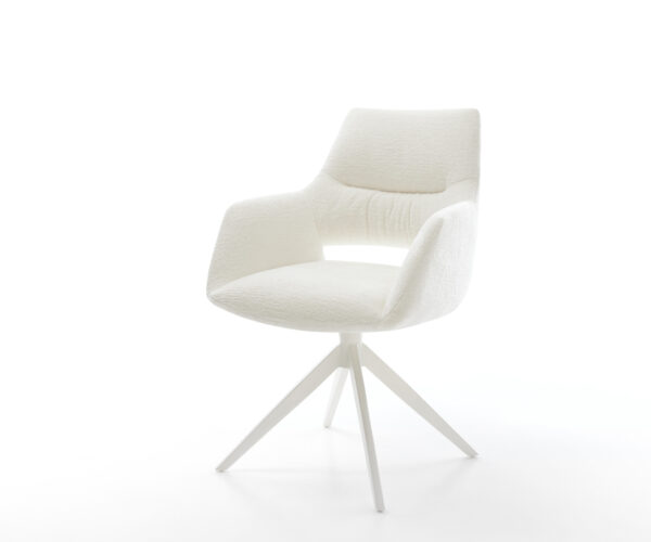 Jedálenská stolička Yago-Flex s opierkami bouclé mäkký béžová krížová podstava široká biela 360° otočný hojdacia funkcia vrecková pružina