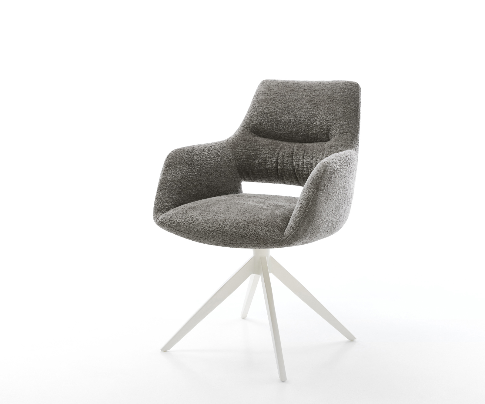 Jedálenská stolička Yago-Flex s opierkami bouclé mäkký tmavobéžová krížová podstava široká biela 360° otočná hojdacia funkcia vrecková pružina