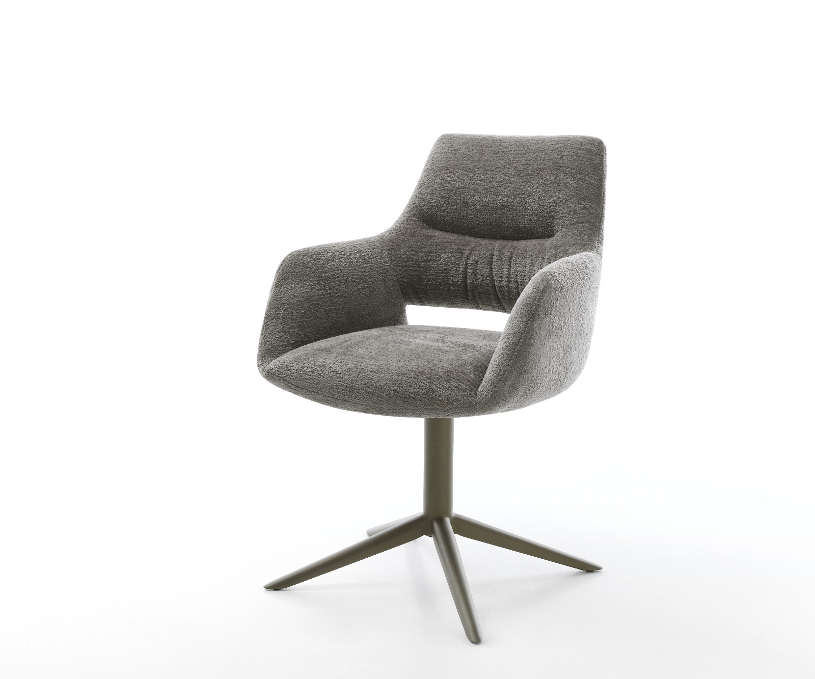 Jedálenská stolička Yago-Flex s opierkami bouclé mäkký tmavobéžová podstava krížová podstava titánová farba 360° otočný hojdacia funkcia vrecková pružina