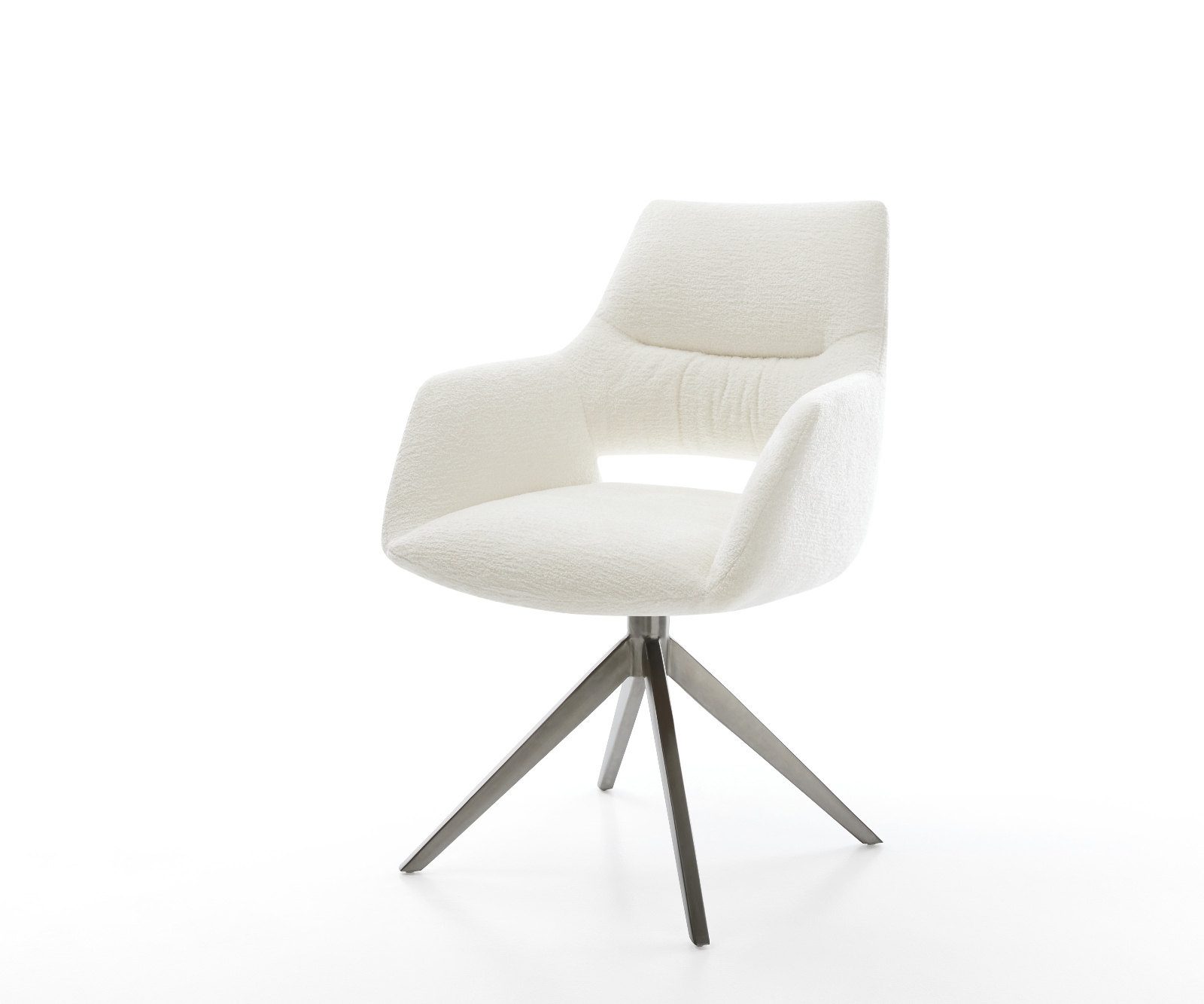 Jedálenská stolička Yago-Flex s opierkami bouclé mäkký béžová krížová podstava široká grafitová 360° otočná hojdacia funkcia vrecková pružina