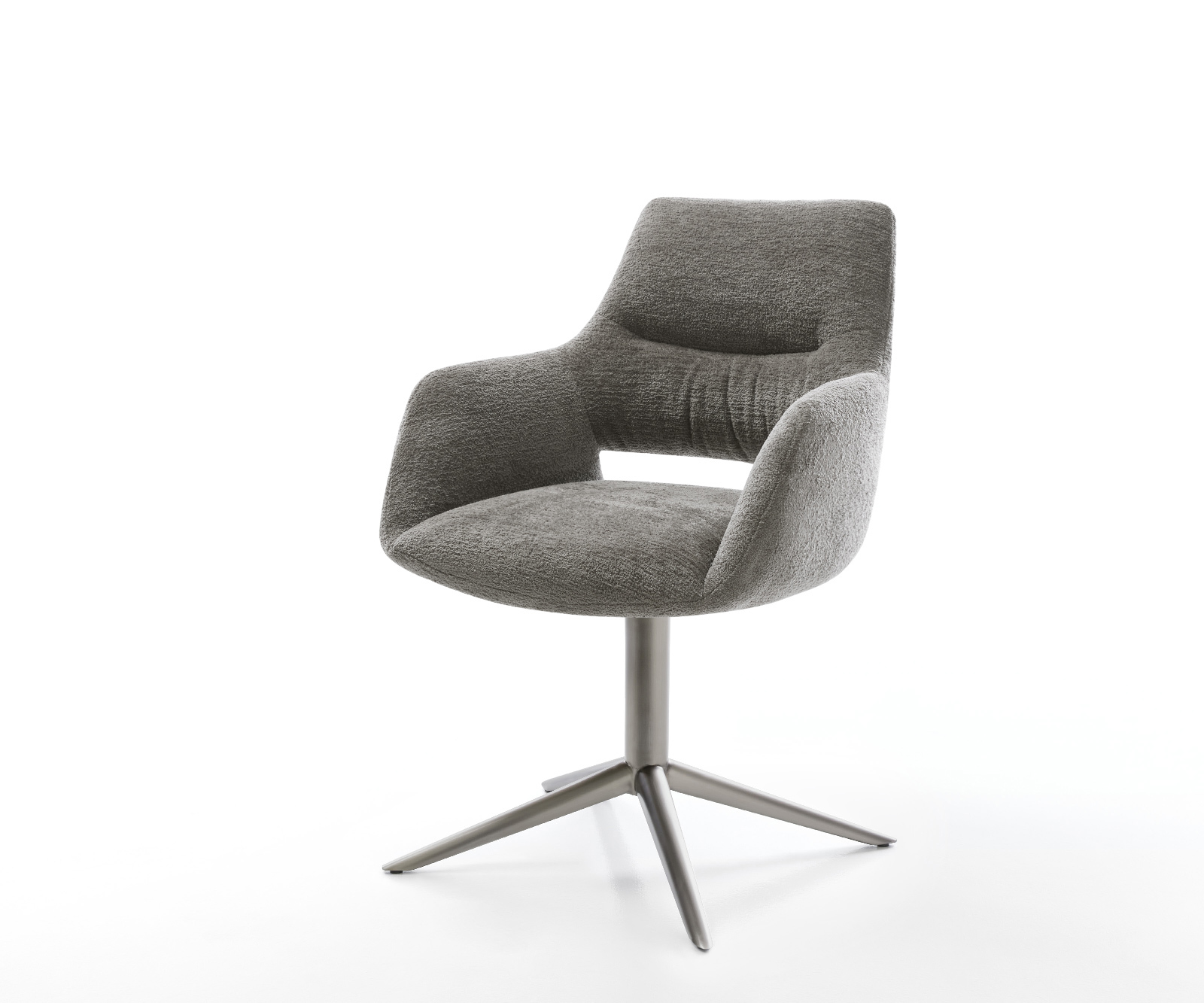 Jedálenská stolička Yago-Flex s opierkami bouclé mäkký tmavobéžová podstava krížová grafitová 360° otočná hojdacia funkcia vrecková pružina