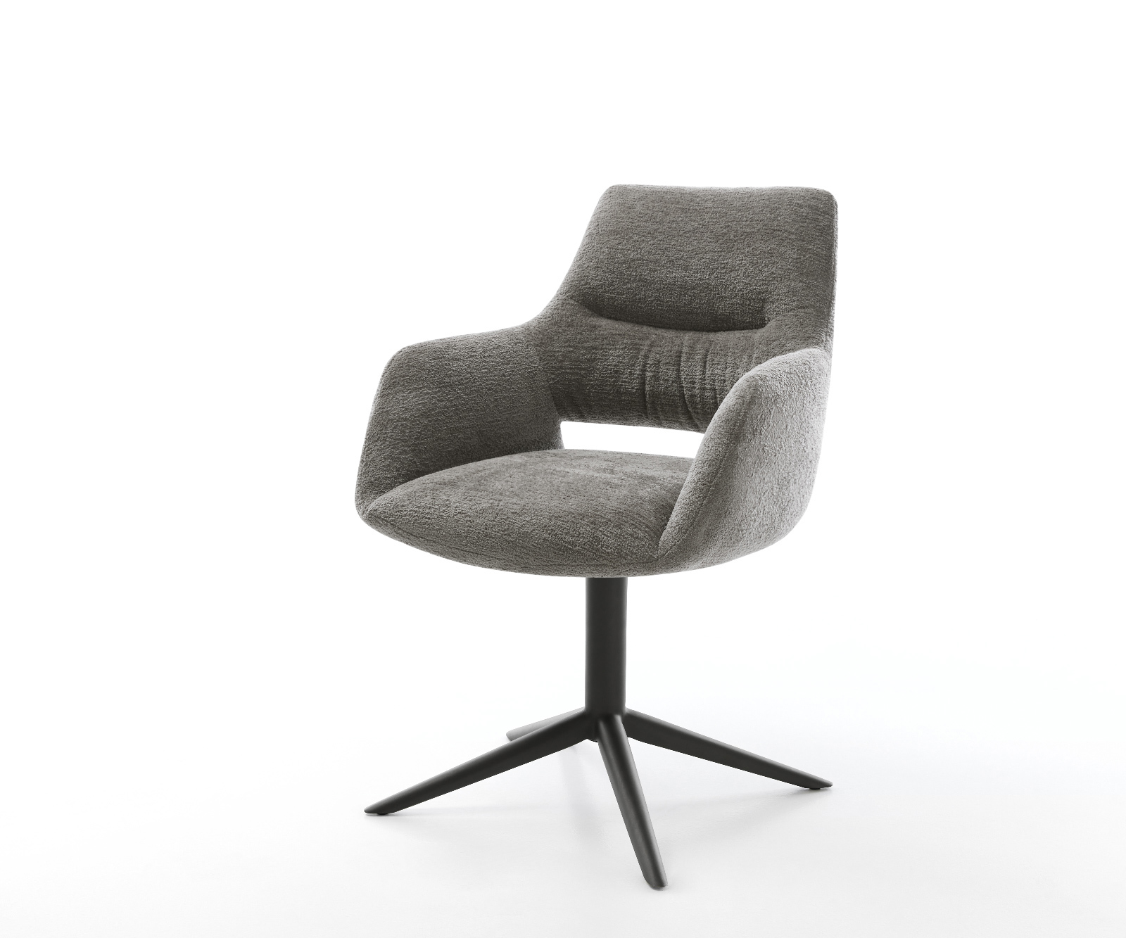 Jedálenská stolička Yago-Flex s opierkami bouclé mäkký tmavobéžová krížová podstava čierna 360° otočný hojdacia funkcia vrecková pružina