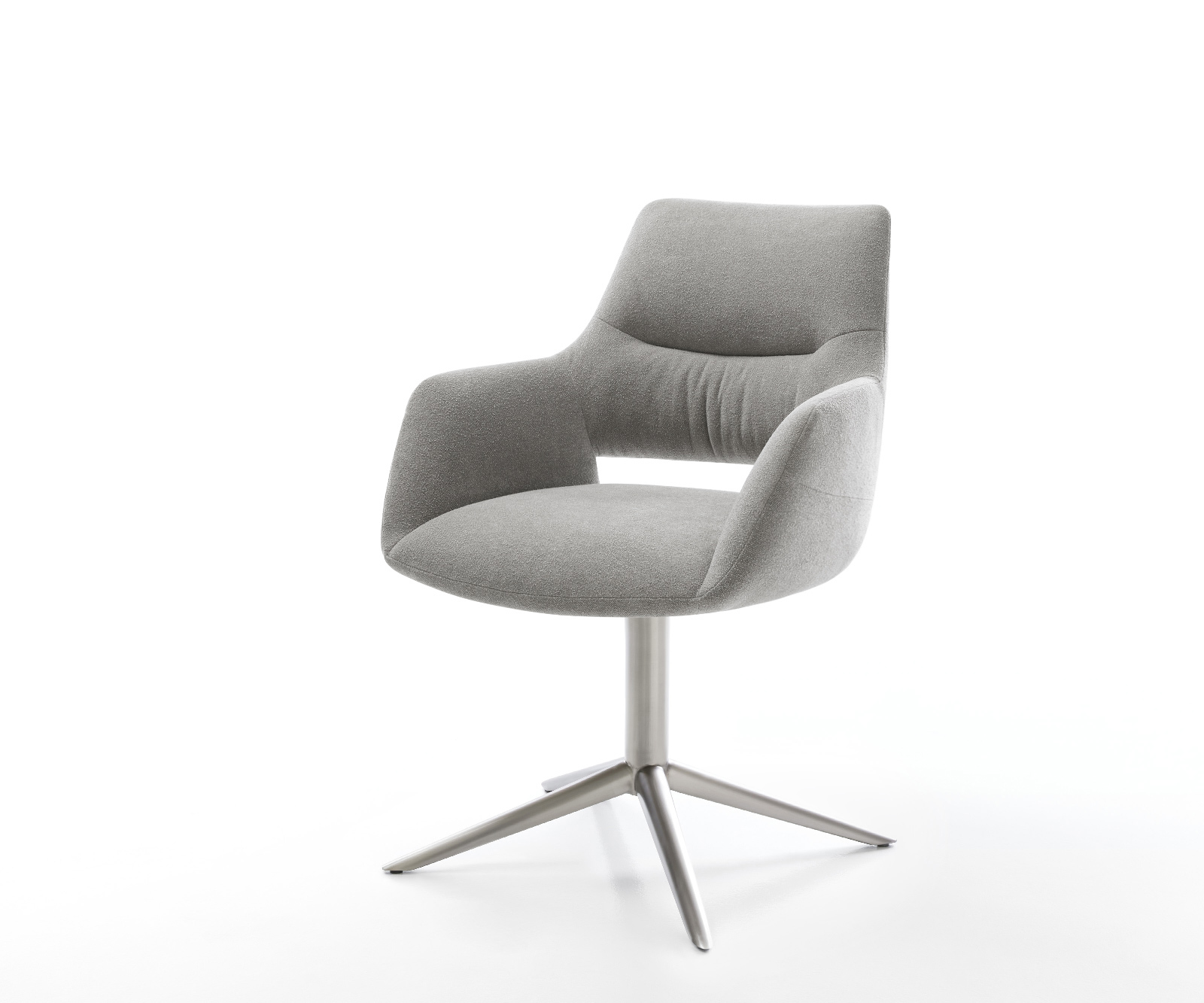 Jedálenská stolička Yago-Flex s opierkami texturovaná látka mäkká sivá krížová podstava nerezová oceľ 360° otočný hojdacia funkcia vrecková pružina