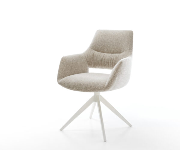 Jedálenská stolička Yago-Flex s opierkami tkanina mäkká béžová krížová podstava široká biela 360° otočný hojdacia funkcia vrecková pružina