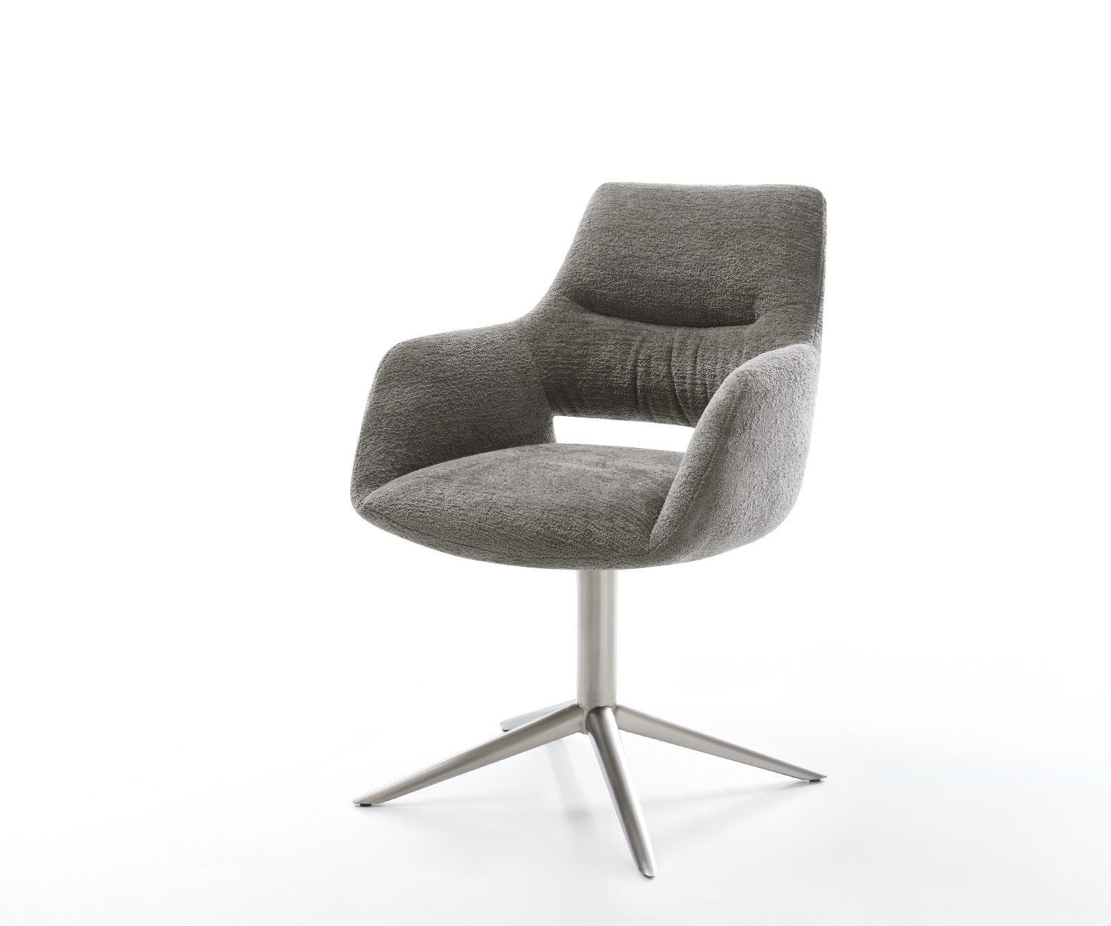 Jedálenská stolička Yago-Flex s opierkami bouclé mäkký tmavobéžová krížová podstava nerezová oceľ 360° otočný hojdacia funkcia vrecková pružina