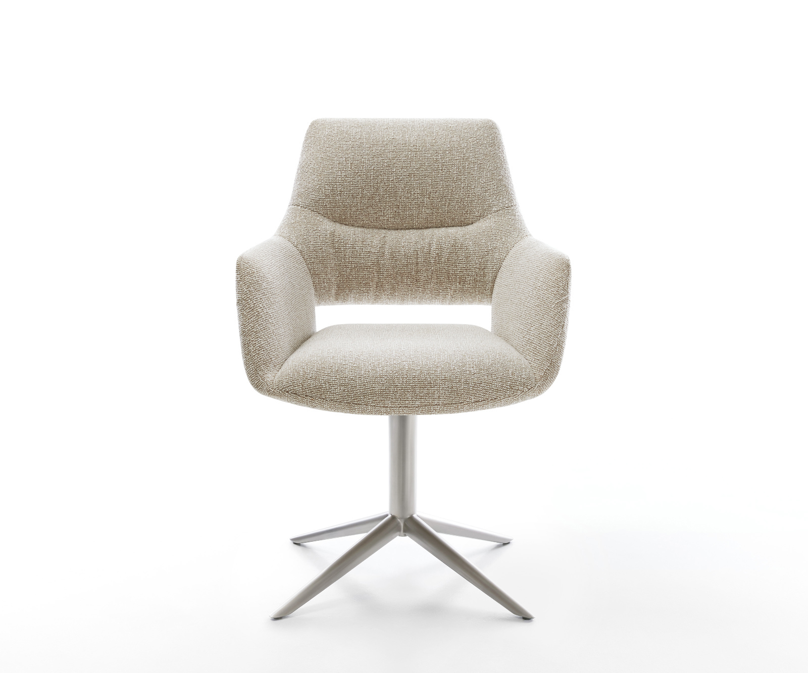 Jedálenská stolička Yago-Flex s opierkami tkanina mäkká béžová krížová podstava nerezová oceľ 360° otočný hojdacia funkcia vrecková pružina - Image 2