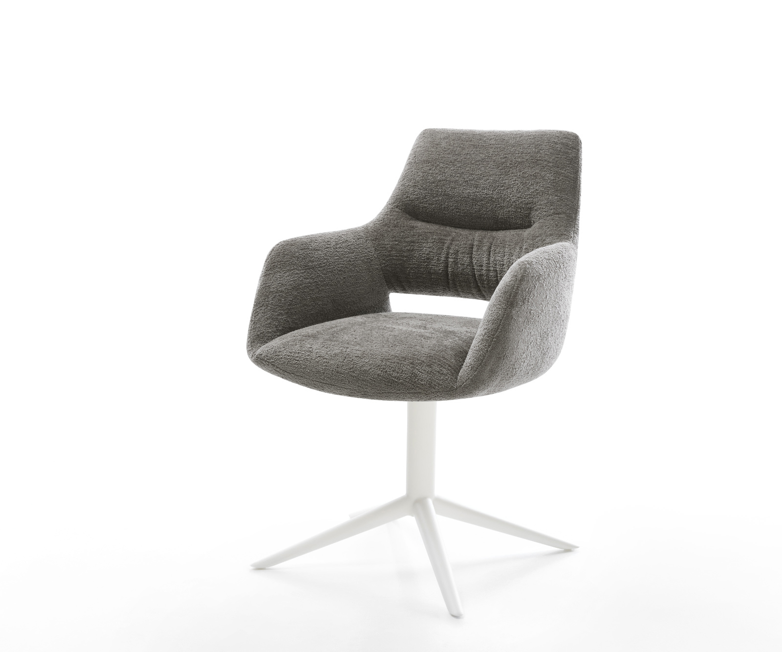 Jedálenská stolička Yago-Flex s opierkami bouclé mäkký tmavobéžová krížová podstava biela 360° otočný hojdacia funkcia vrecková pružina