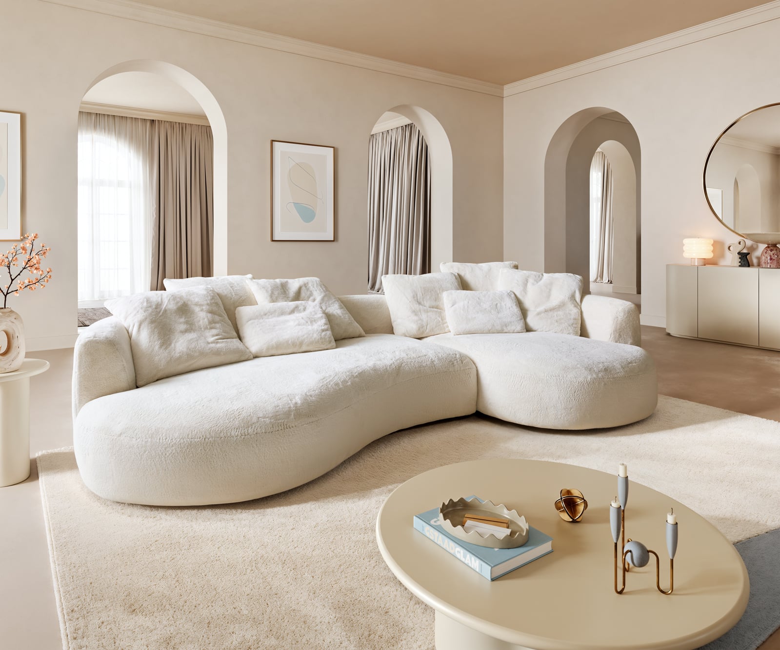 Veľká pohovka Edina 330x170 cm plyšový manšester krémovo biela