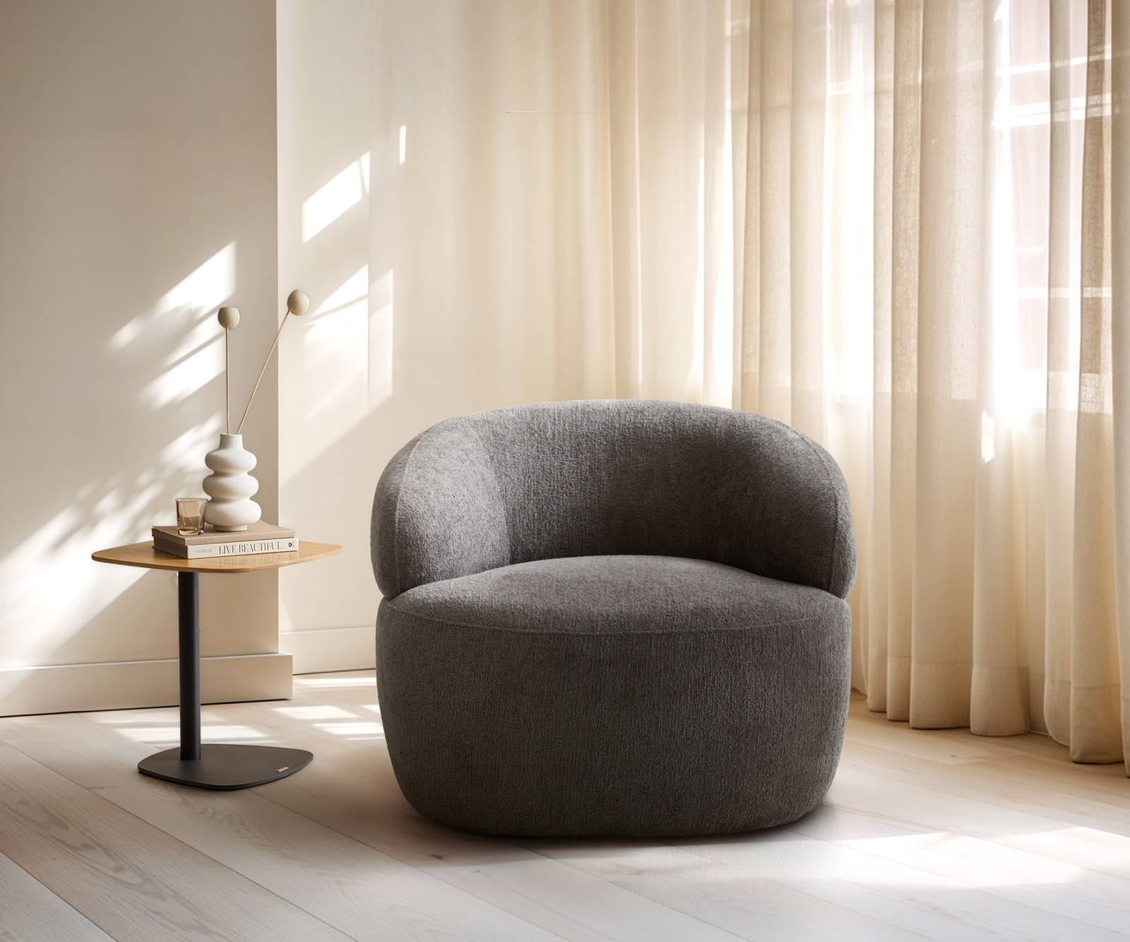 Lounge kreslo Nova 88x88 cm bouclé mäkký tmavobéžová - Image 2