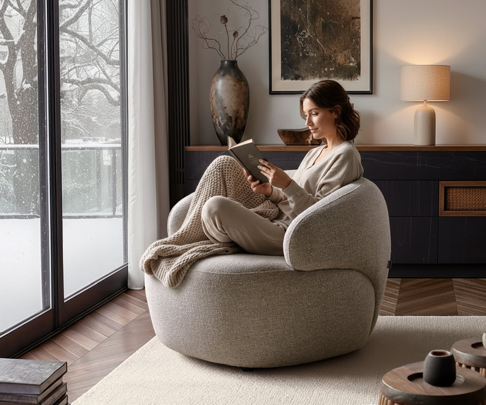 Lounge kreslo Nova 88x88 cm tkanina mäkký béžová - Image 2