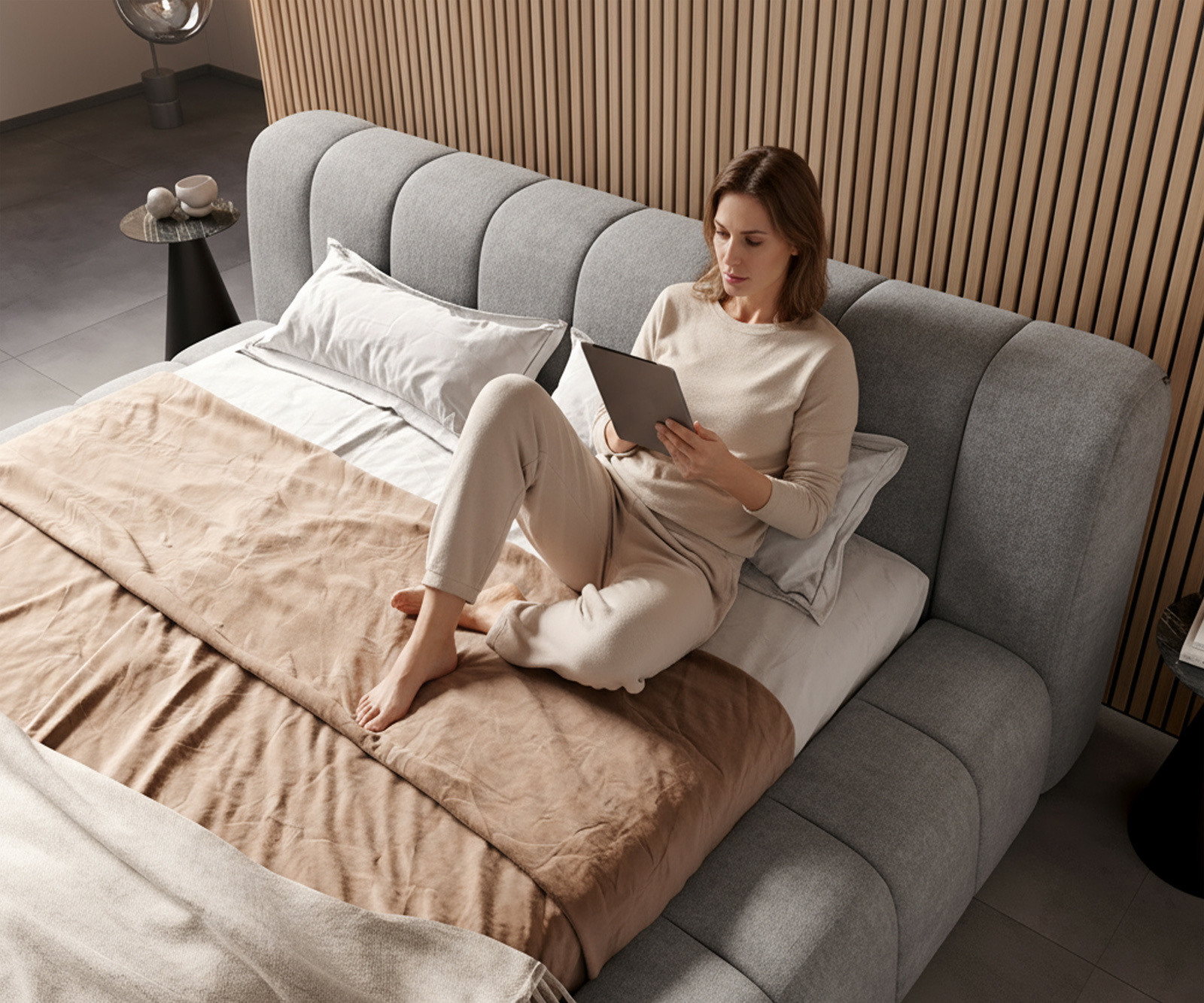 Čalúnená posteľ Cutio 180x200 cm texturovaná látka mäkký sivá - Image 4