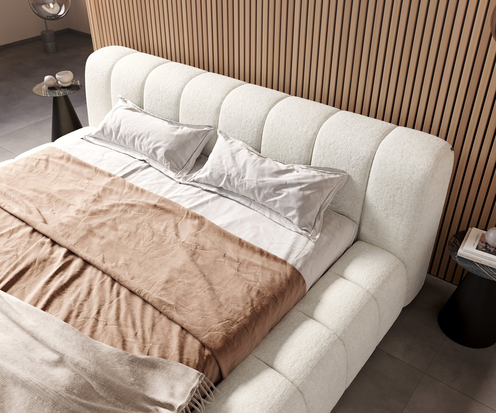 Čalúnená posteľ Cutio 180x200 cm bouclé mäkká béžová - Image 4