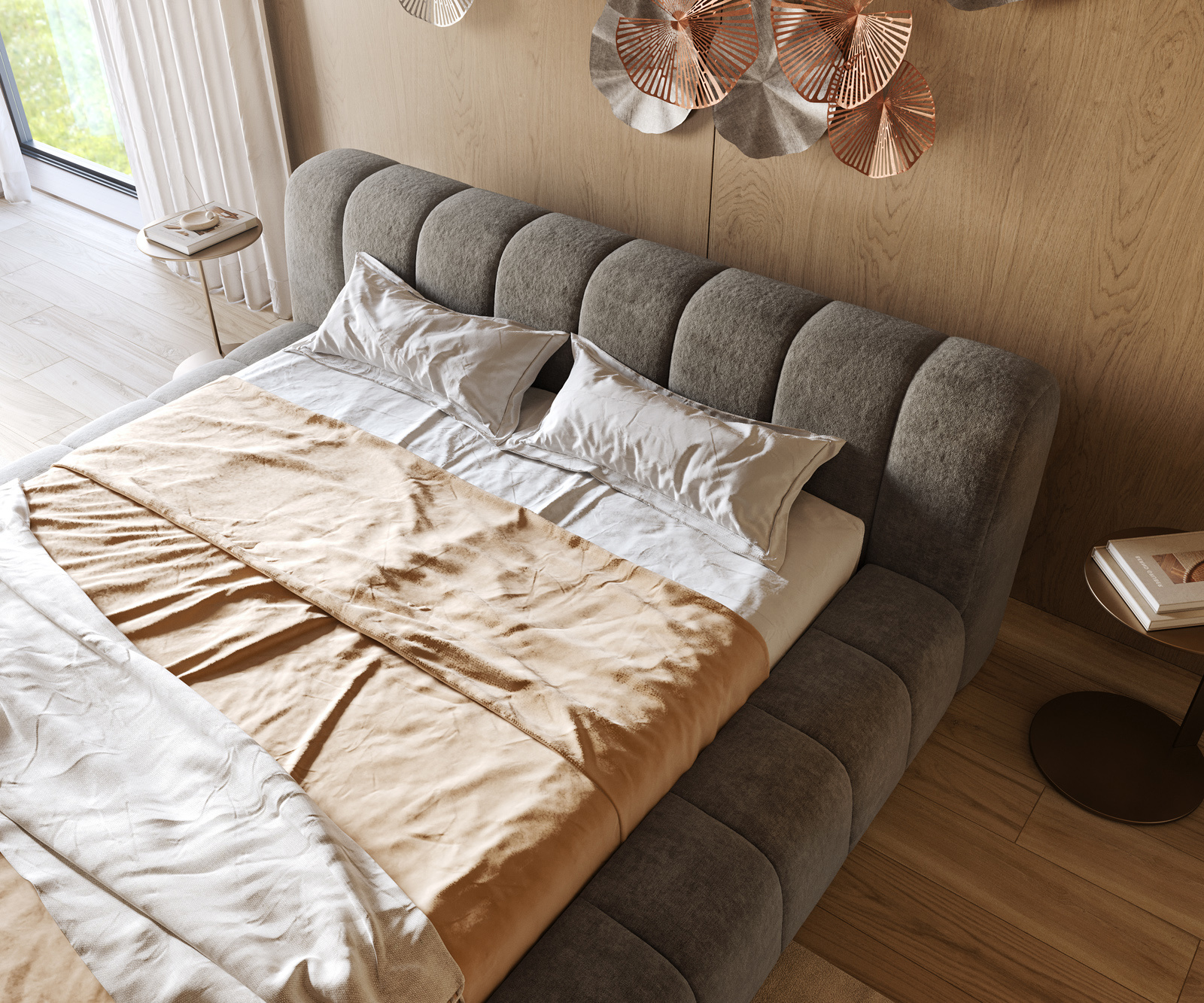 Čalúnená posteľ Cutio 180x200 cm bouclé mäkký tmavobéžová - Image 5