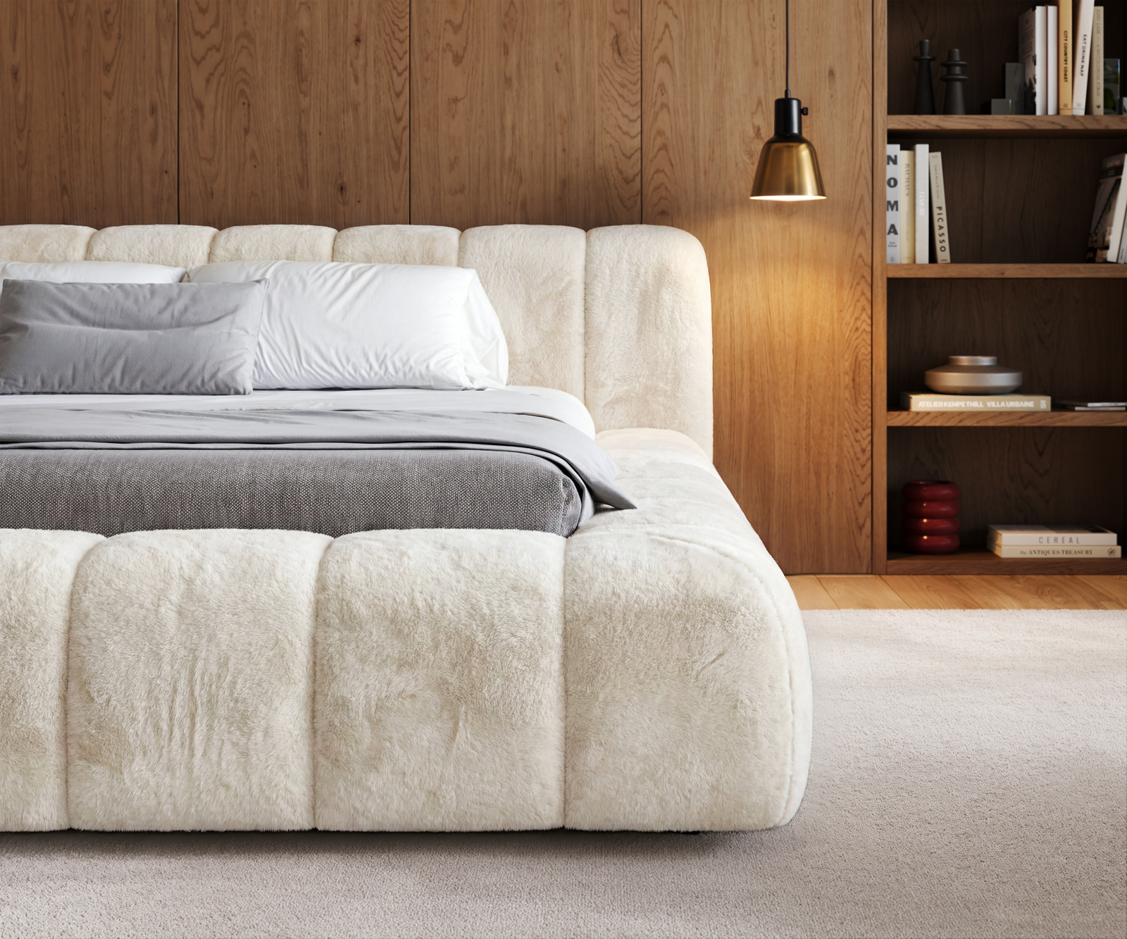 Čalúnená posteľ Cutio 180x200 cm plyšový manšester krémovo biela - Image 6