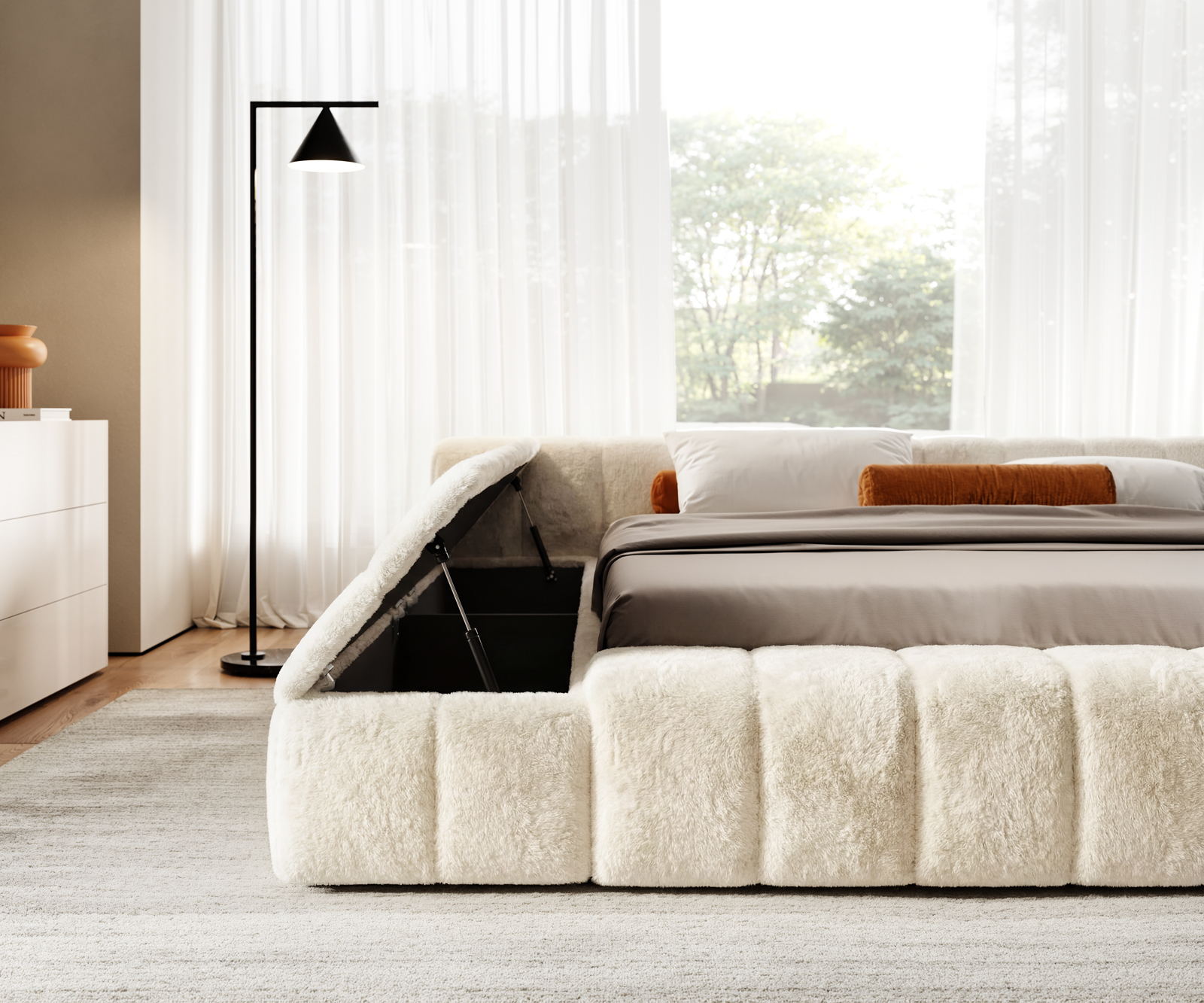 Čalúnená posteľ Espazio 180x200 cm plyšový manšester krémovo biela - Image 5