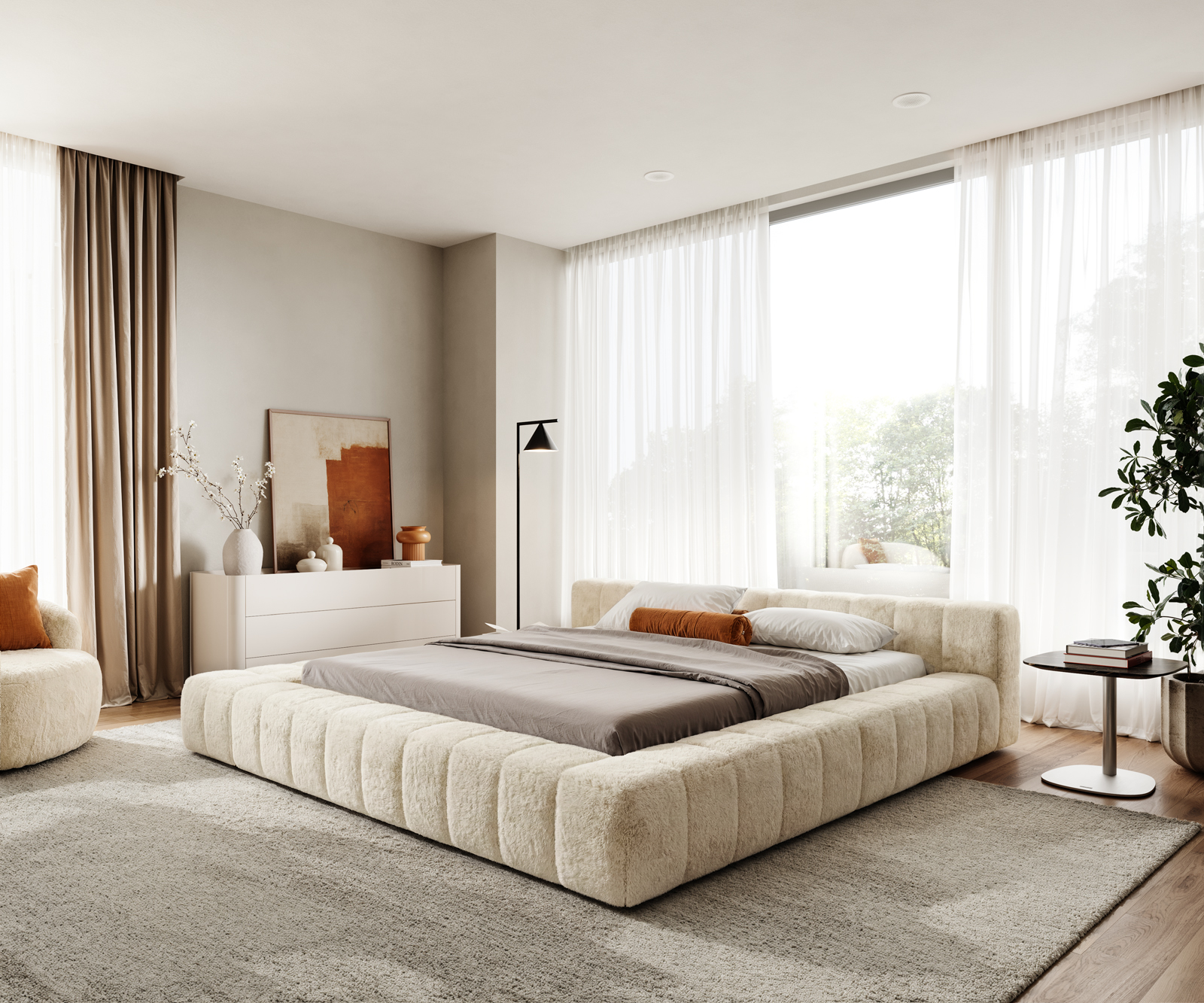 Čalúnená posteľ Espazio 180x200 cm plyšový manšester krémovo biela