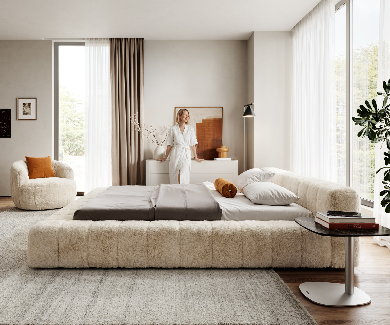 Čalúnená posteľ Espazio 180x200 cm plyšový manšester krémovo biela - Image 4