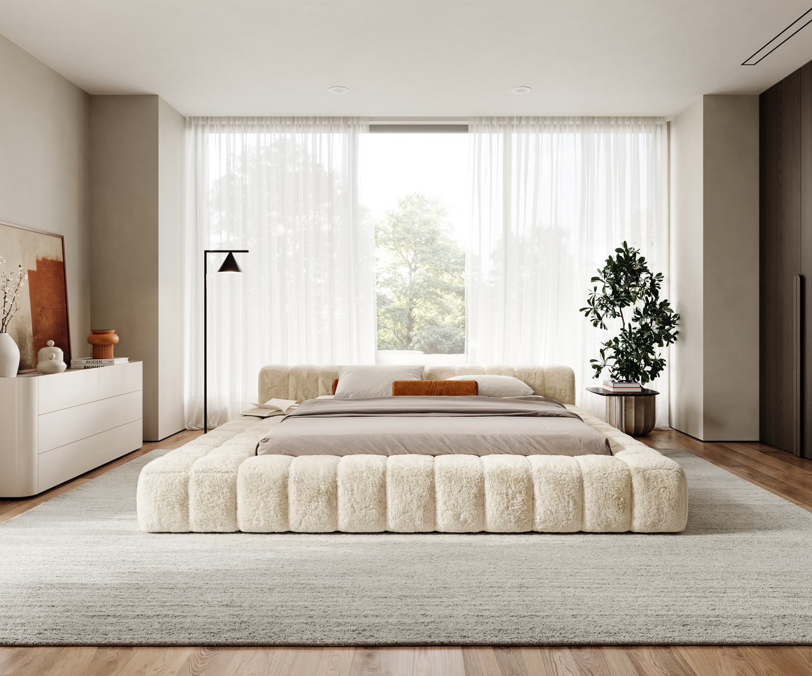 Čalúnená posteľ Espazio 180x200 cm plyšový manšester krémovo biela - Image 6