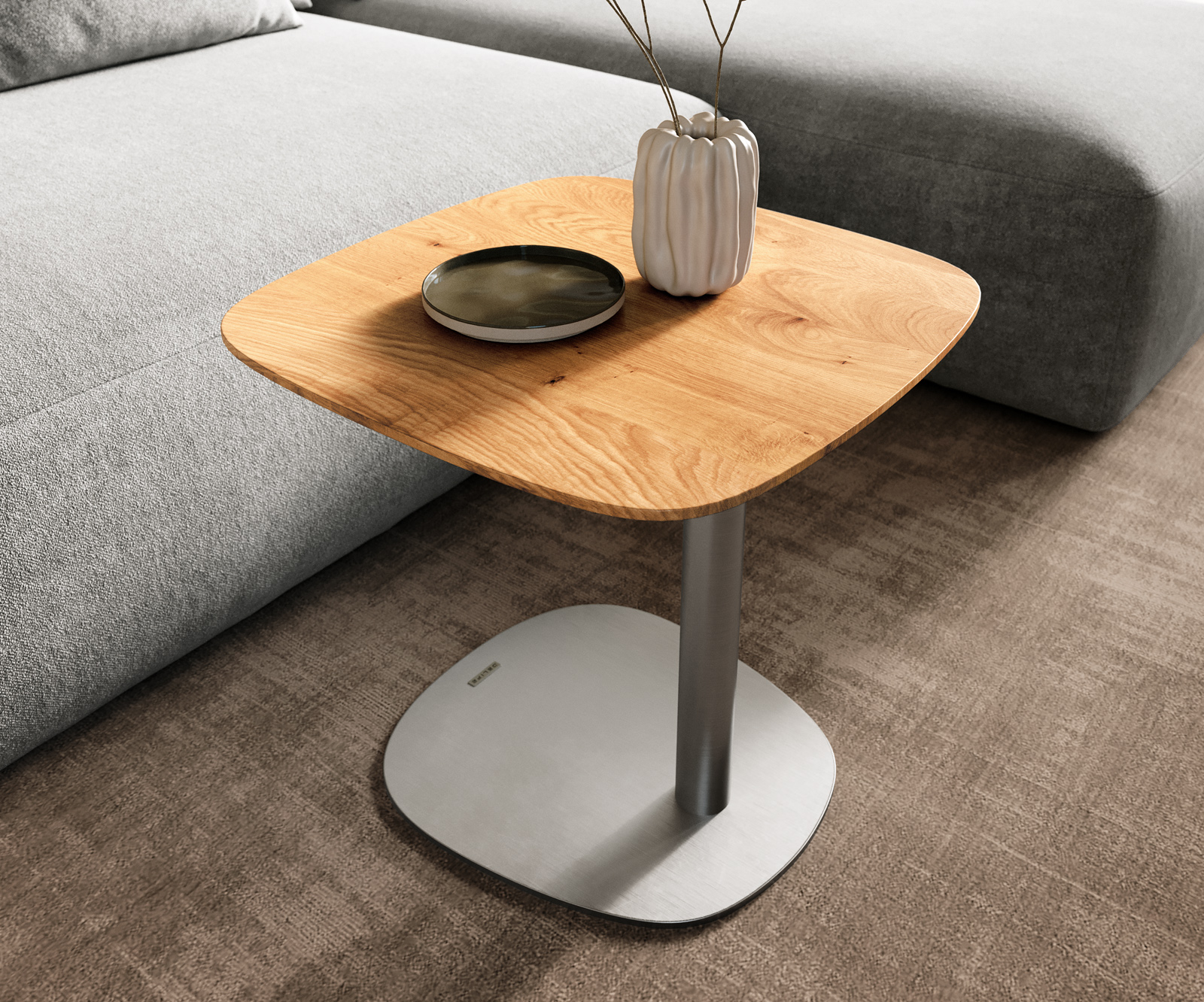 Konferenčný stolík Edge zaoblený tvar 50x50 cm dub prírodný švajčiarska hrana Eleny nerezová oceľ kefovaná - Image 6