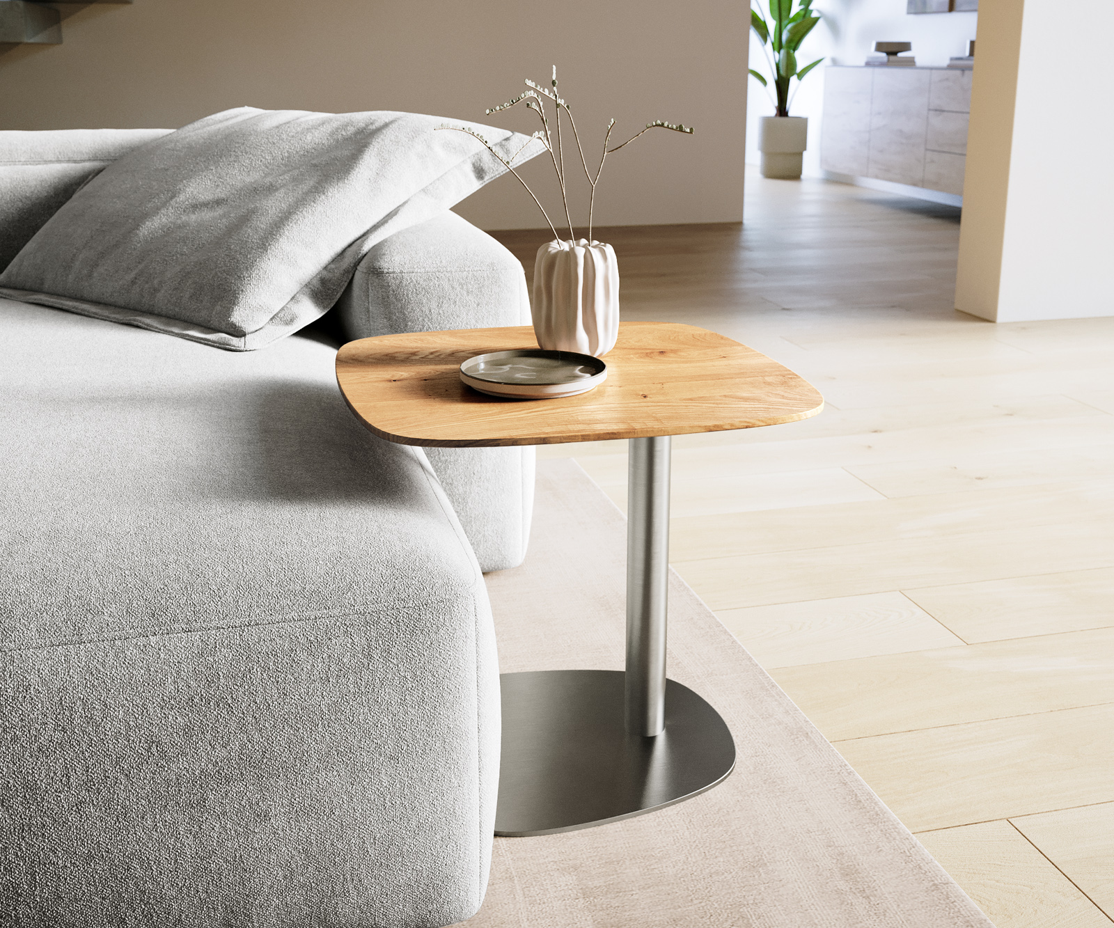 Konferenčný stolík Edge zaoblený tvar 50x50 cm dub prírodný švajčiarska hrana Eleny nerezová oceľ kefovaná - Image 2