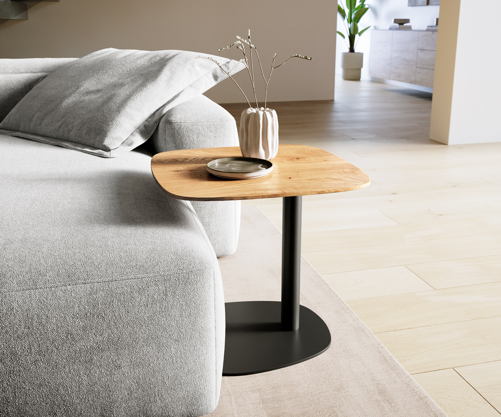 Konferenčný stolík Edge zaoblený tvar 50x50 cm dub prírodný švajčiarska hrana Eleny kov čierna - Image 2