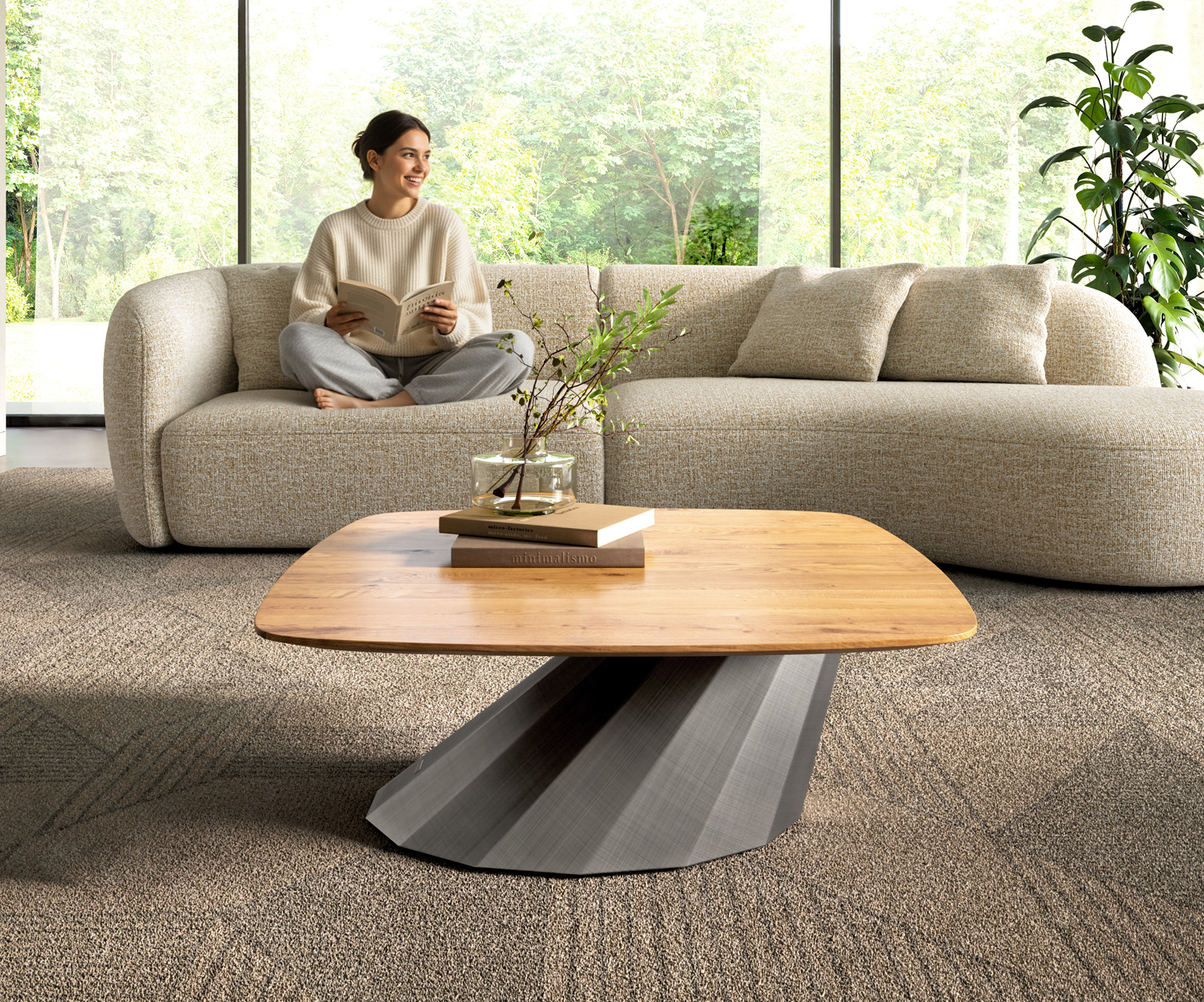 Konferenčný stolík Edge zaoblený 90x90 cm dub prírodný švajčiarska hrana Parabi metalická strieborná - Image 2