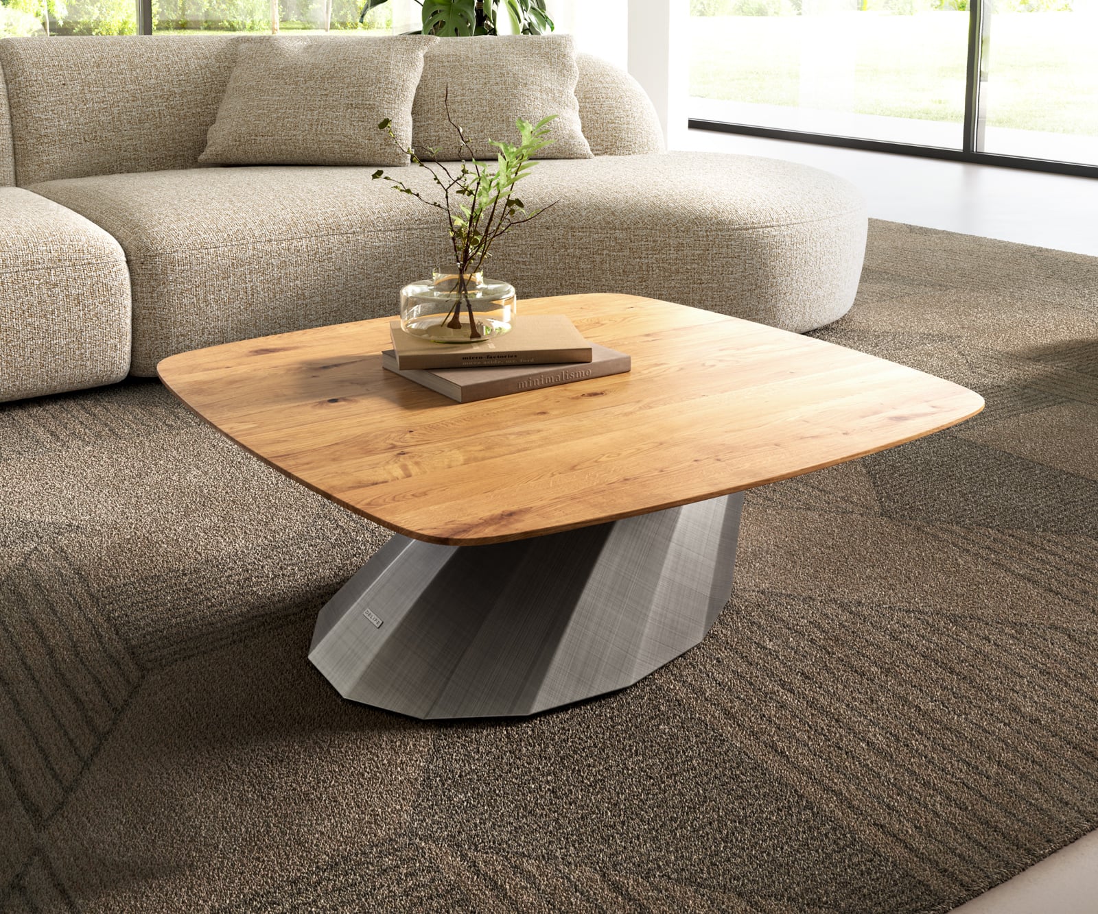 Konferenčný stolík Edge zaoblený 90x90 cm dub prírodný švajčiarska hrana Parabi metalická strieborná