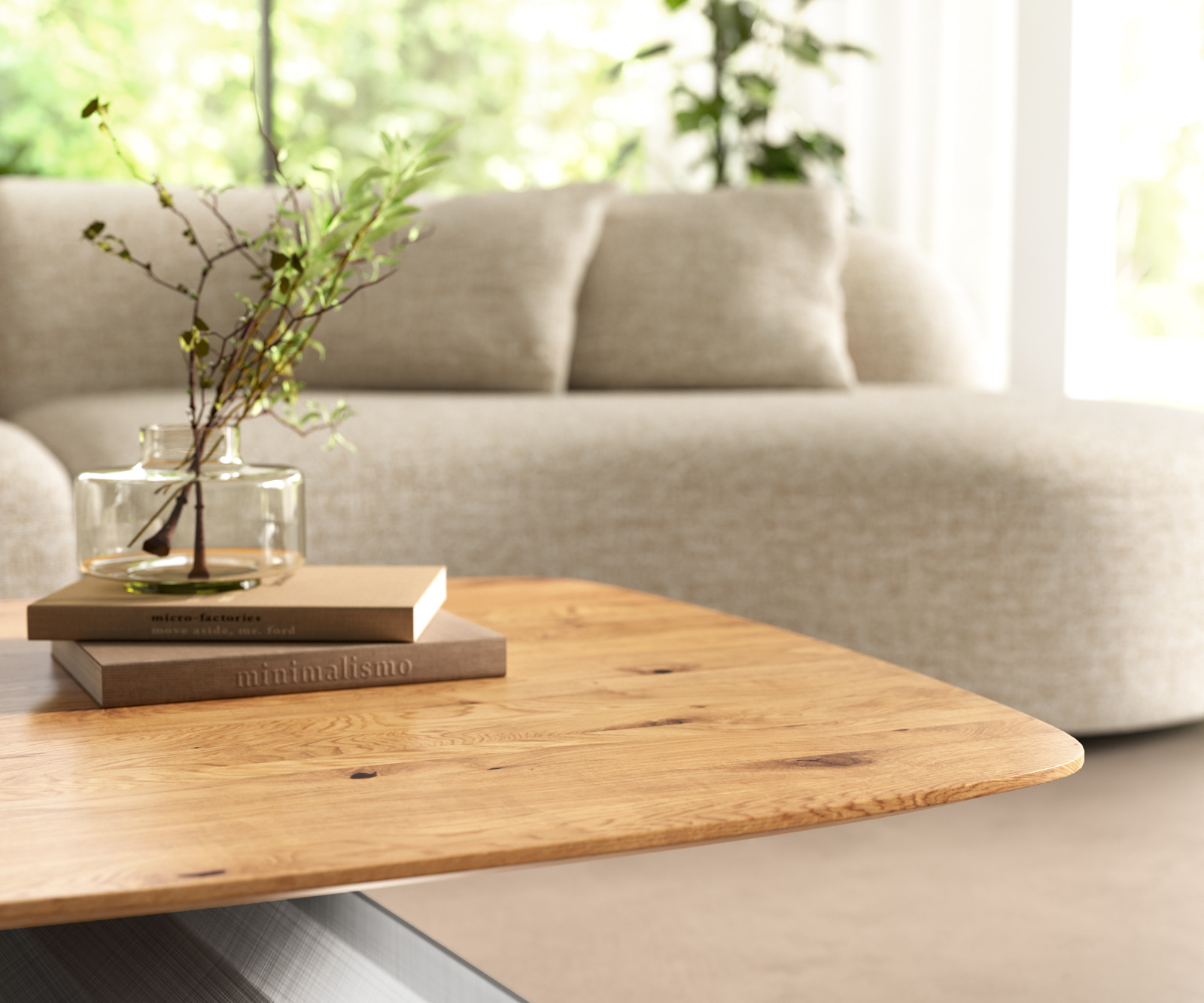 Konferenčný stolík Edge zaoblený 90x90 cm dub prírodný švajčiarska hrana Parabi metalická strieborná - Image 5