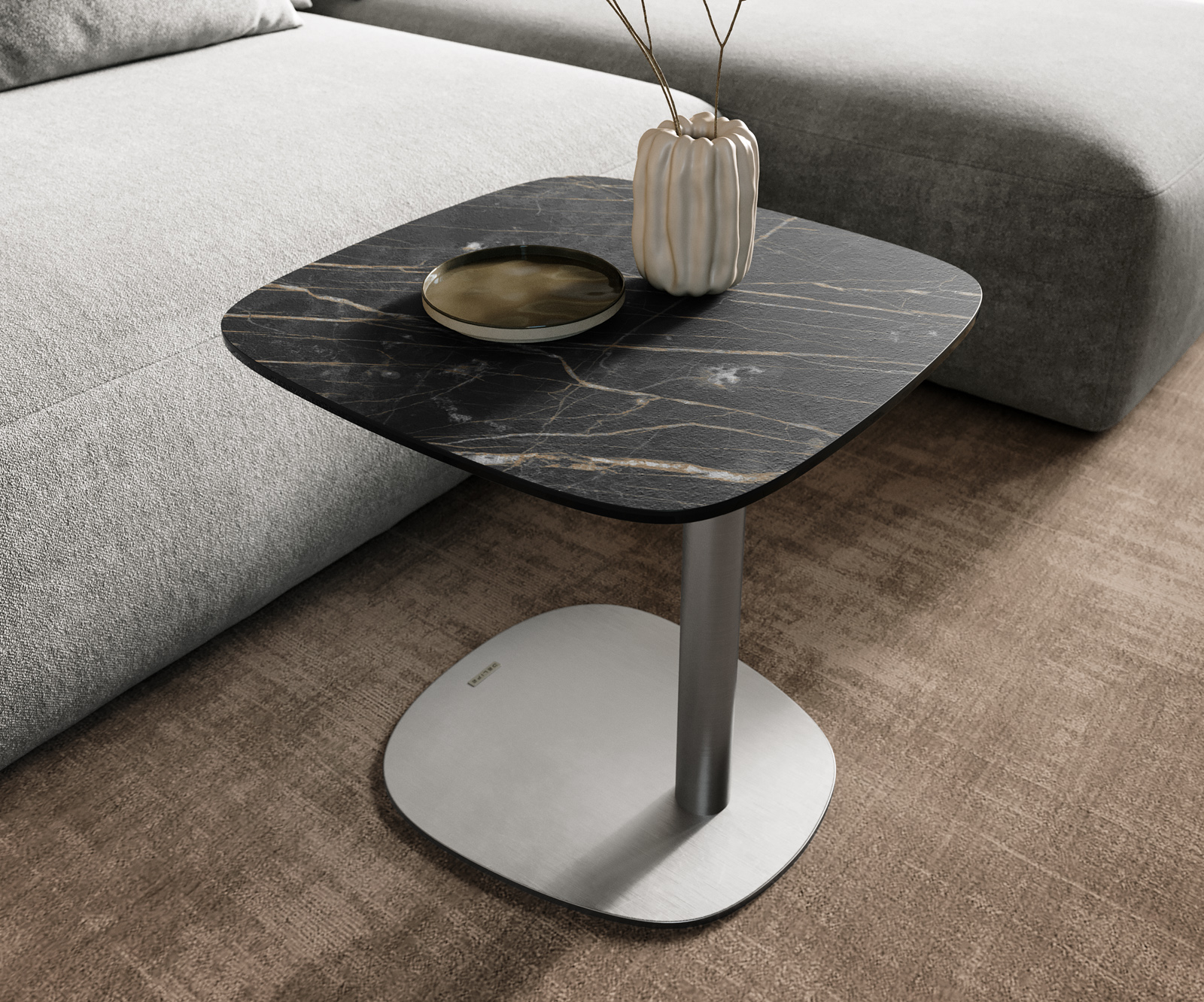 Konferenčný stolík Edge zaoblený 50x50 cm keramika Laminam® Noir Desir hnedá Eleny nerezová oceľ kefovaná - Image 6