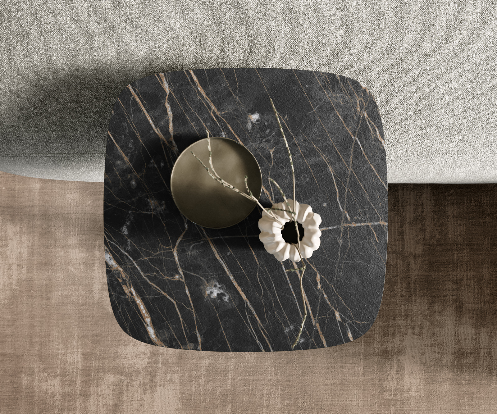 Konferenčný stolík Edge zaoblený 50x50 cm keramika Laminam® Noir Desir hnedá Eleny nerezová oceľ kefovaná - Image 4