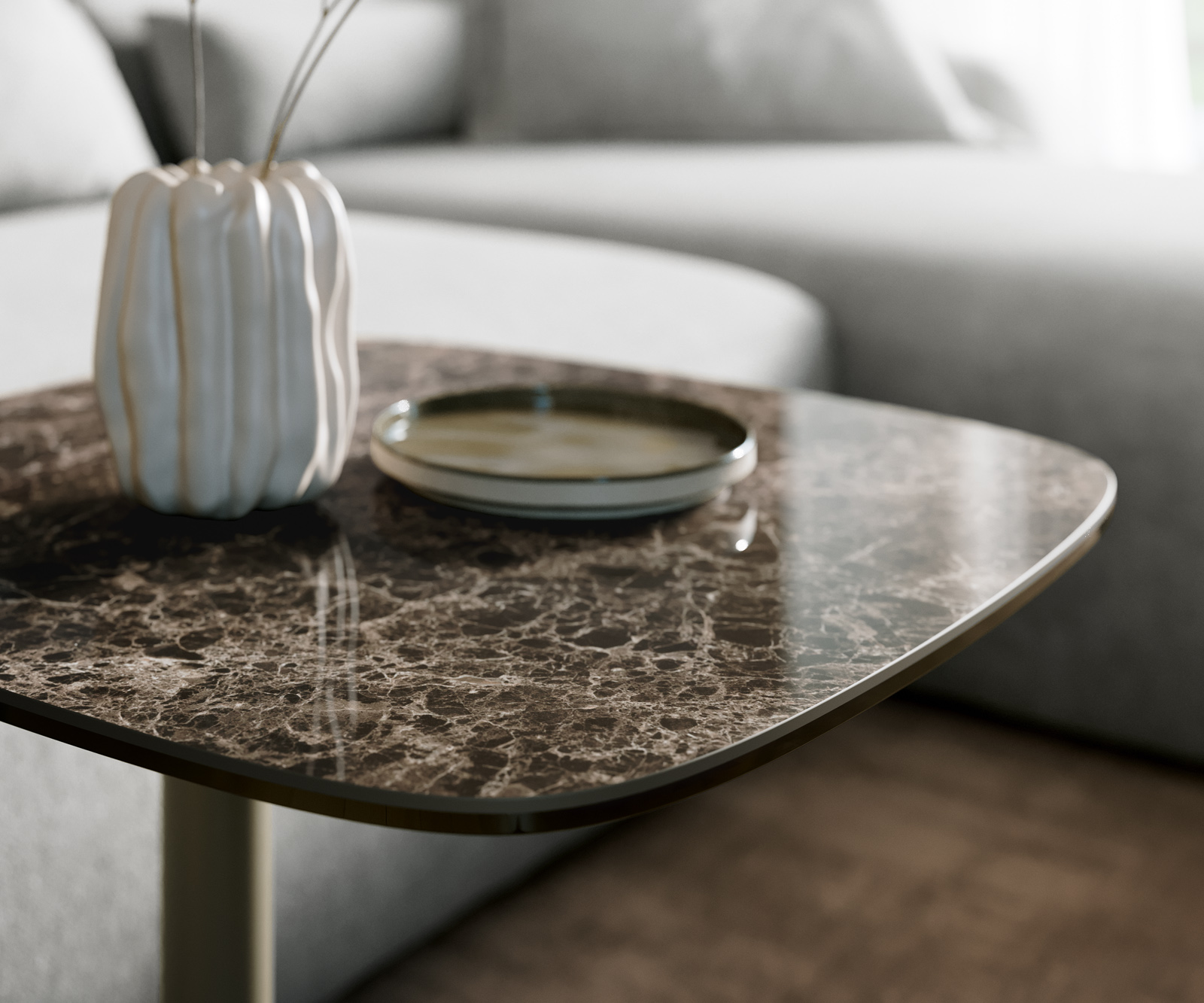 Konferenčný stolík Edge zaoblený tvar 50x50 cm keramika Laminam® Emperador Extra Lucidato tmavohnedá Eleny kov titánová farba - Image 6