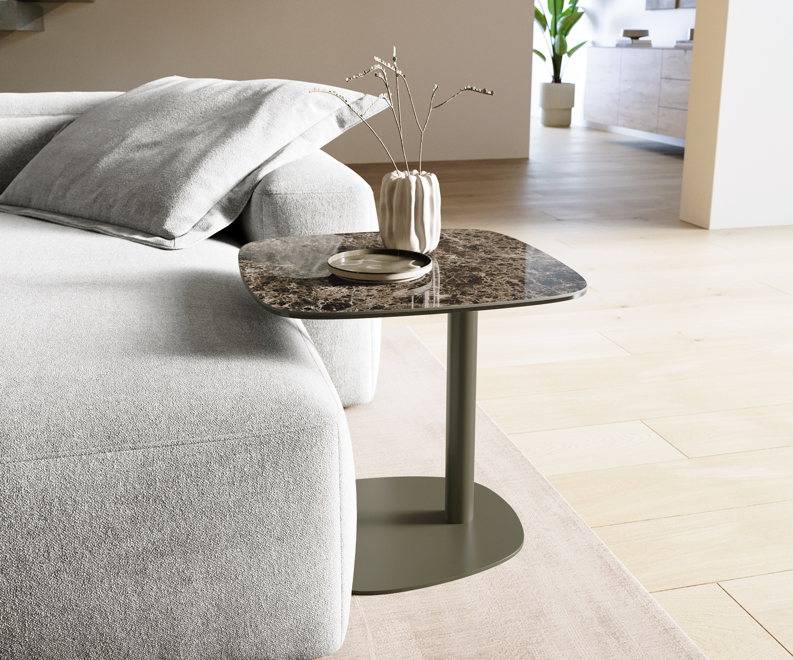 Konferenčný stolík Edge zaoblený tvar 50x50 cm keramika Laminam® Emperador Extra Lucidato tmavohnedá Eleny kov titánová farba - Image 2