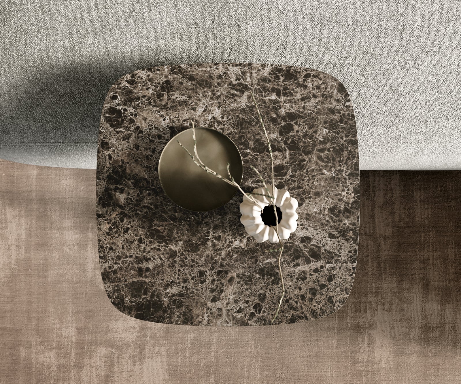 Konferenčný stolík Edge zaoblený tvar 50x50 cm keramika Laminam® Emperador Extra Lucidato tmavohnedá Eleny kov titánová farba - Image 4