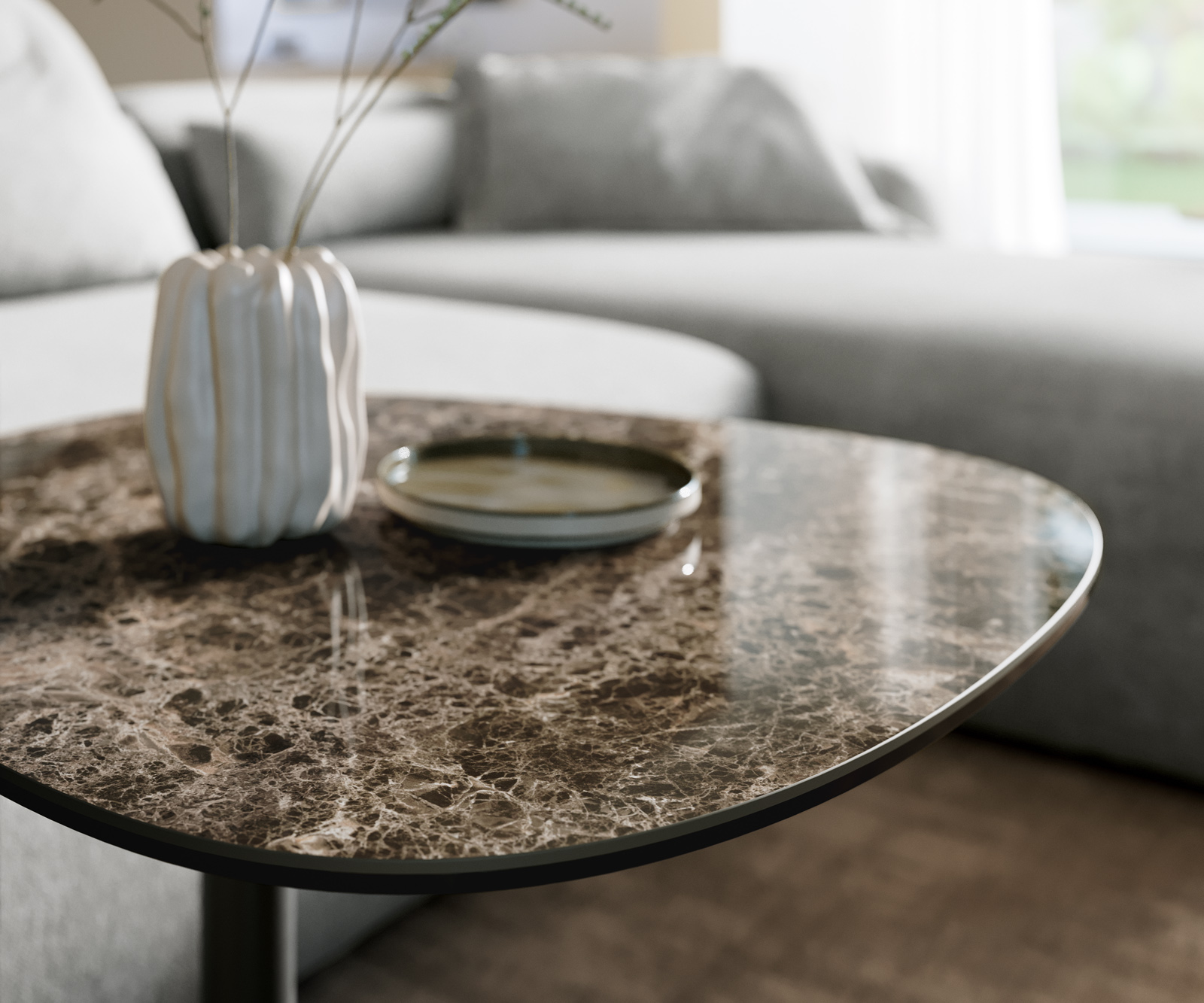 Konferenčný stolík Edge zaoblený 60x60 cm keramika Laminam® Emperador Extra Lucidato tmavohnedá Eleny kov čierna - Image 6