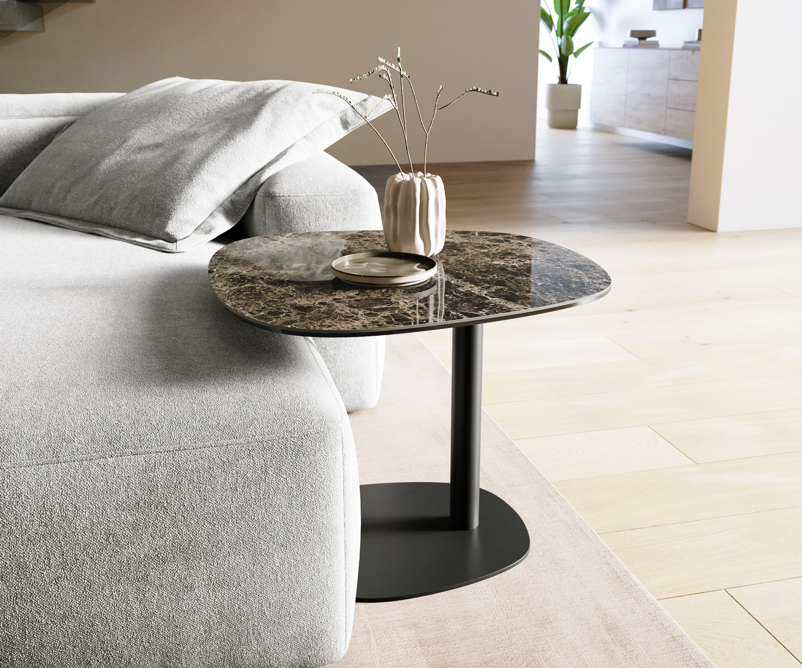 Konferenčný stolík Edge zaoblený 60x60 cm keramika Laminam® Emperador Extra Lucidato tmavohnedá Eleny kov čierna - Image 2