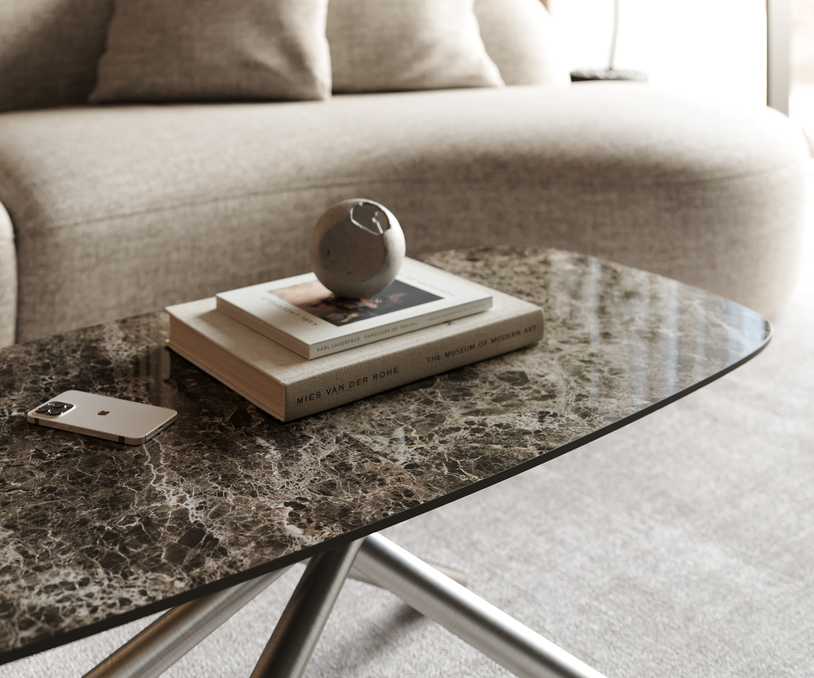 Konferenčný stolík Edge zaoblený tvar 100x50 cm keramika Laminam® Emperador Extra Lucidato tmavohnedá Sarity nerezová oceľ kefovaná - Image 6