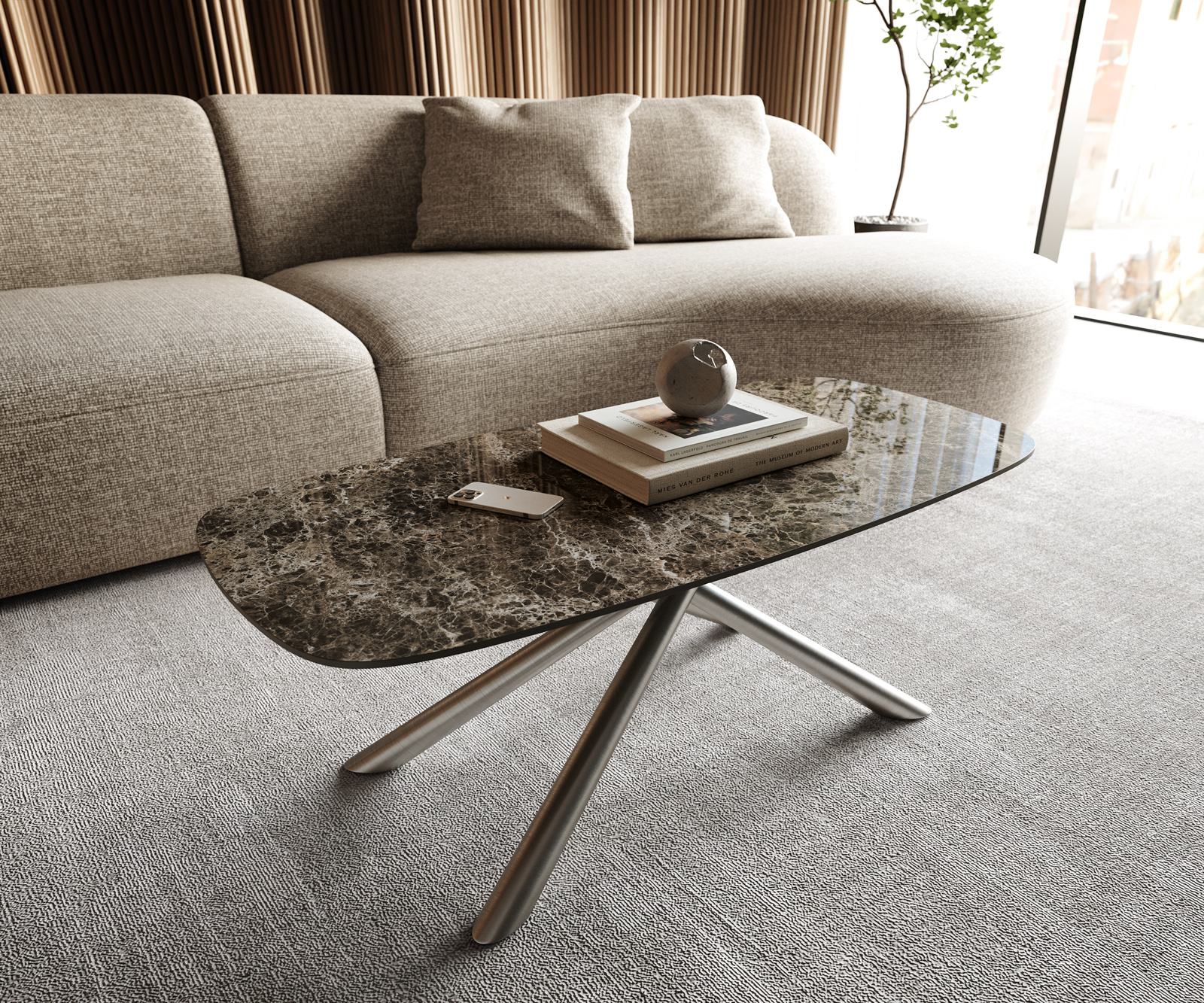 Konferenčný stolík Edge zaoblený tvar 100x50 cm keramika Laminam® Emperador Extra Lucidato tmavohnedá Sarity nerezová oceľ kefovaná