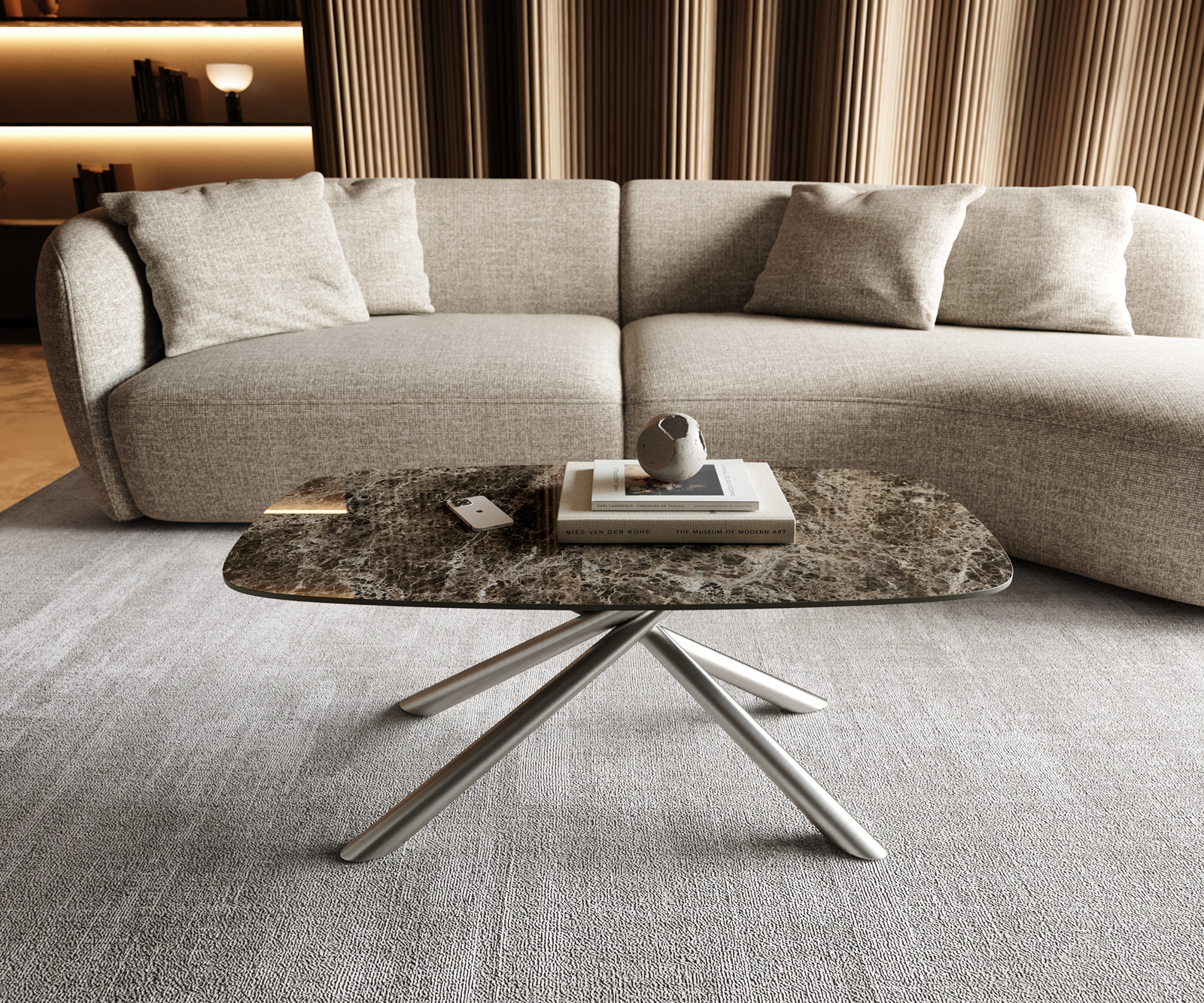 Konferenčný stolík Edge zaoblený tvar 100x50 cm keramika Laminam® Emperador Extra Lucidato tmavohnedá Sarity nerezová oceľ kefovaná - Image 2