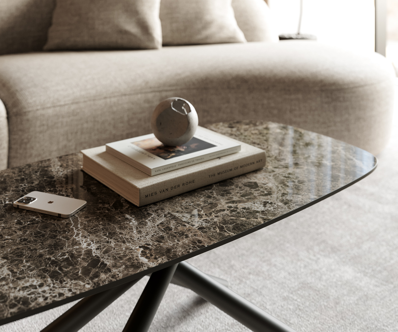 Konferenčný stolík Edge zaoblený 100x50 cm keramika Laminam® Emperador Extra Lucidato tmavohnedá Sarity kov čierna - Image 6