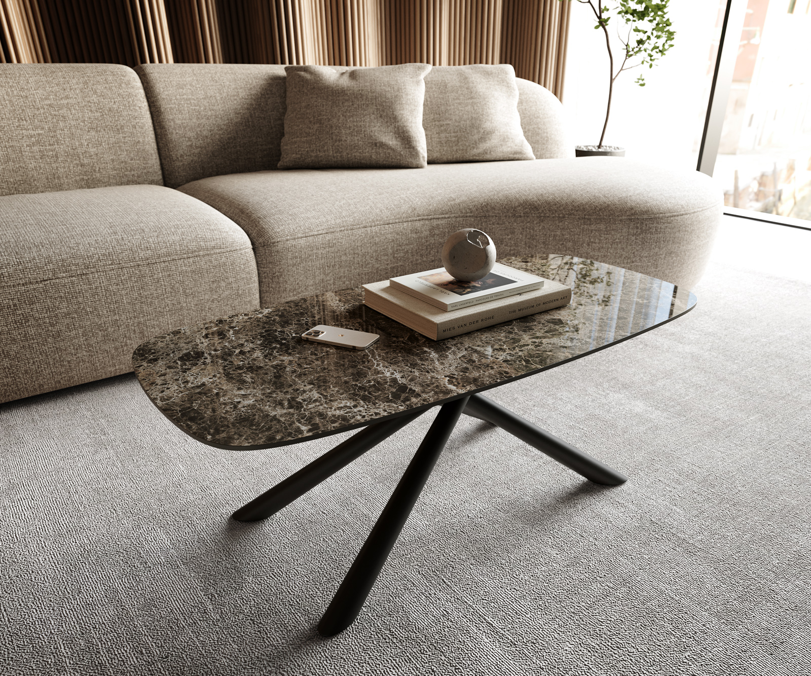 Konferenčný stolík Edge zaoblený 100x50 cm keramika Laminam® Emperador Extra Lucidato tmavohnedá Sarity kov čierna