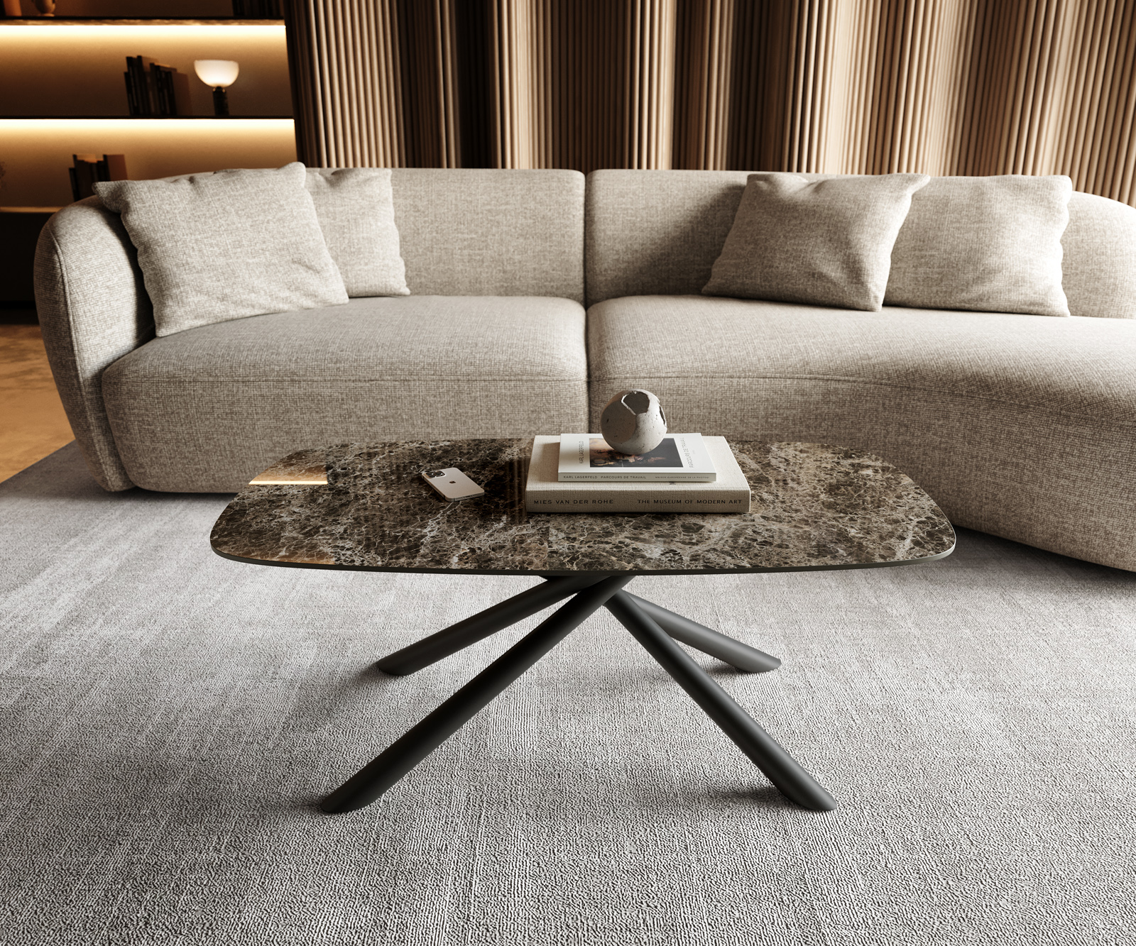 Konferenčný stolík Edge zaoblený 100x50 cm keramika Laminam® Emperador Extra Lucidato tmavohnedá Sarity kov čierna - Image 2