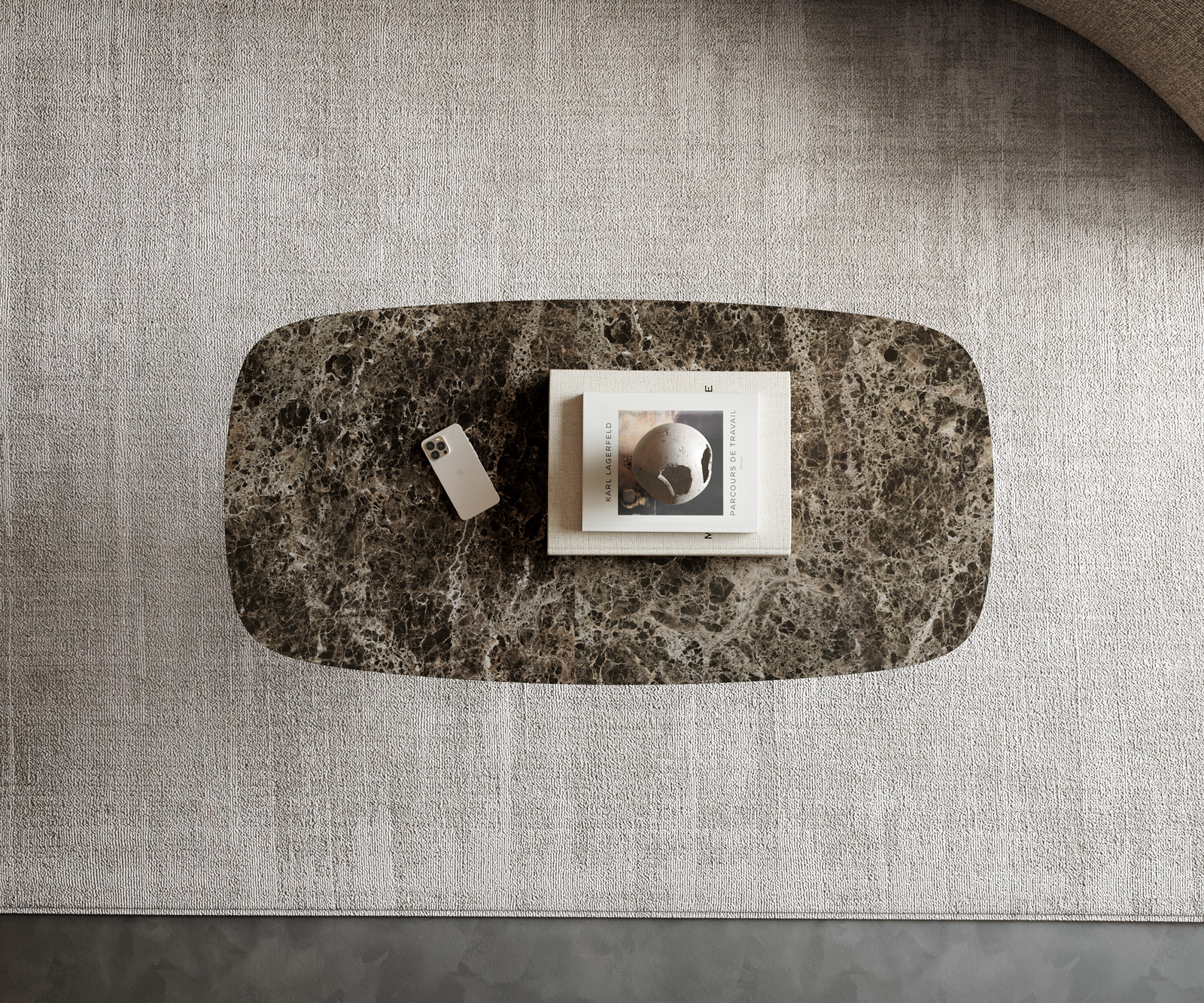 Konferenčný stolík Edge zaoblený 100x50 cm keramika Laminam® Emperador Extra Lucidato tmavohnedá Sarity kov čierna - Image 4