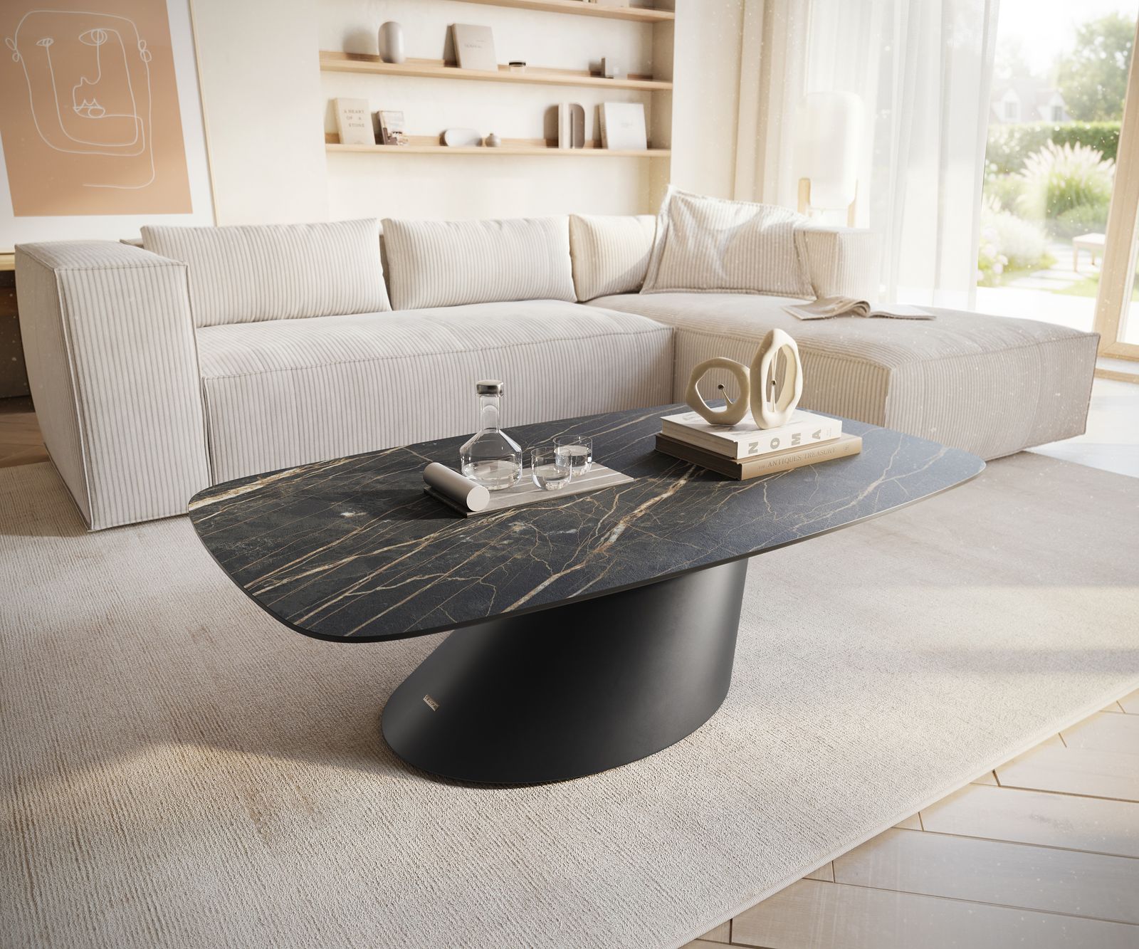 Konferenčný stolík Edge zaoblený 120x70 cm keramika Laminam® Noir Desir hnedá Conis kov čierna