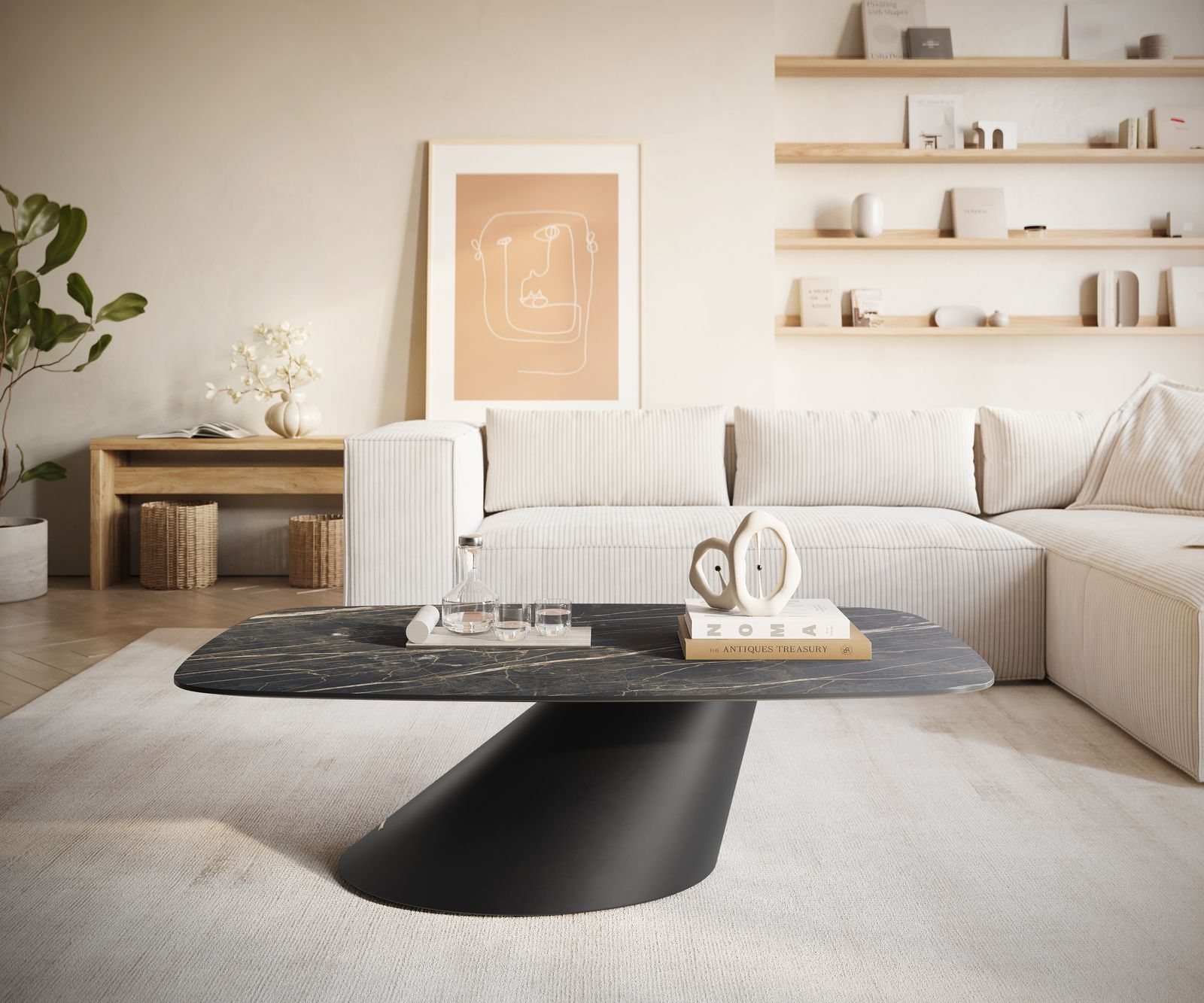 Konferenčný stolík Edge zaoblený 120x70 cm keramika Laminam® Noir Desir hnedá Conis kov čierna - Image 2