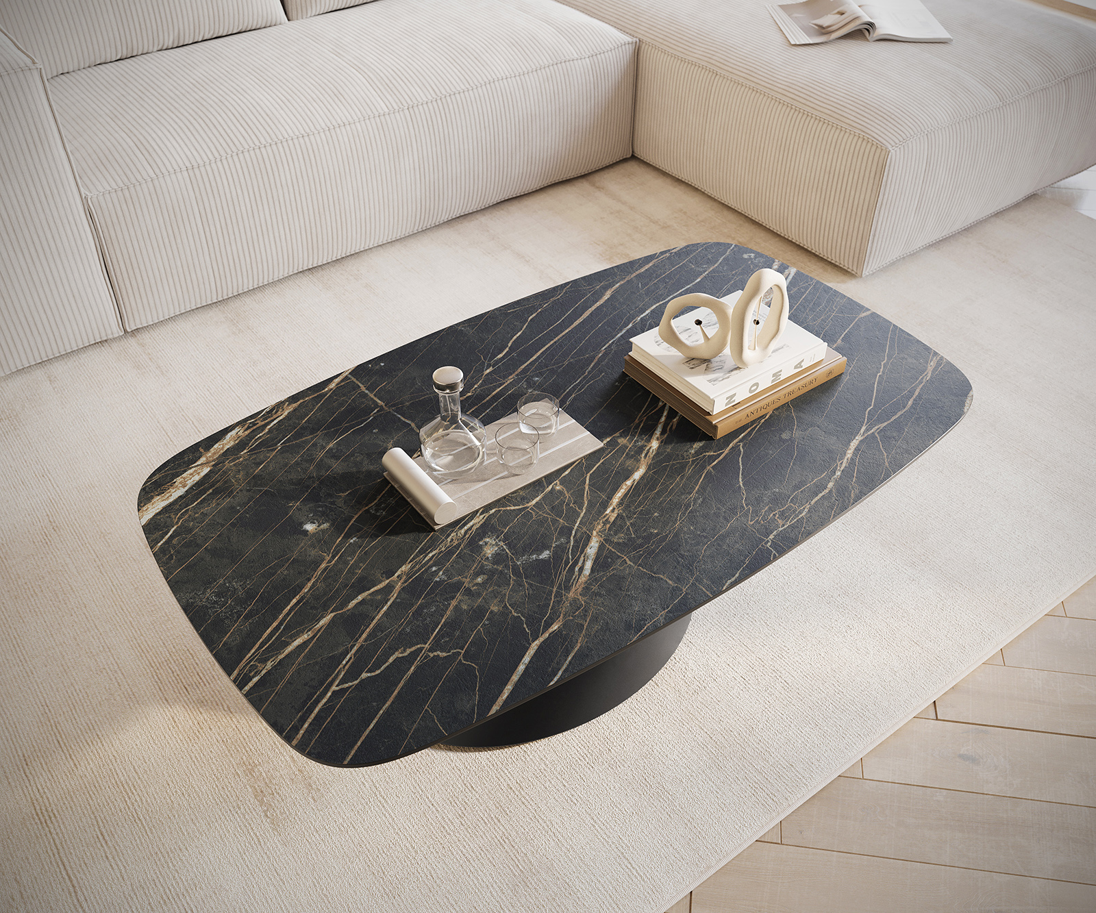 Konferenčný stolík Edge zaoblený 120x70 cm keramika Laminam® Noir Desir hnedá Conis kov čierna - Image 4