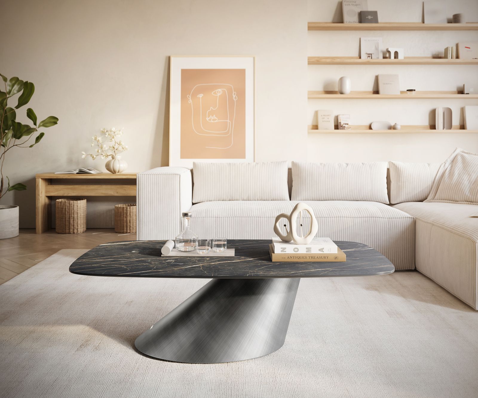 Konferenčný stolík Edge zaoblený 120x70 cm keramika Laminam® Noir Desir hnedá Conis metalická strieborná - Image 2