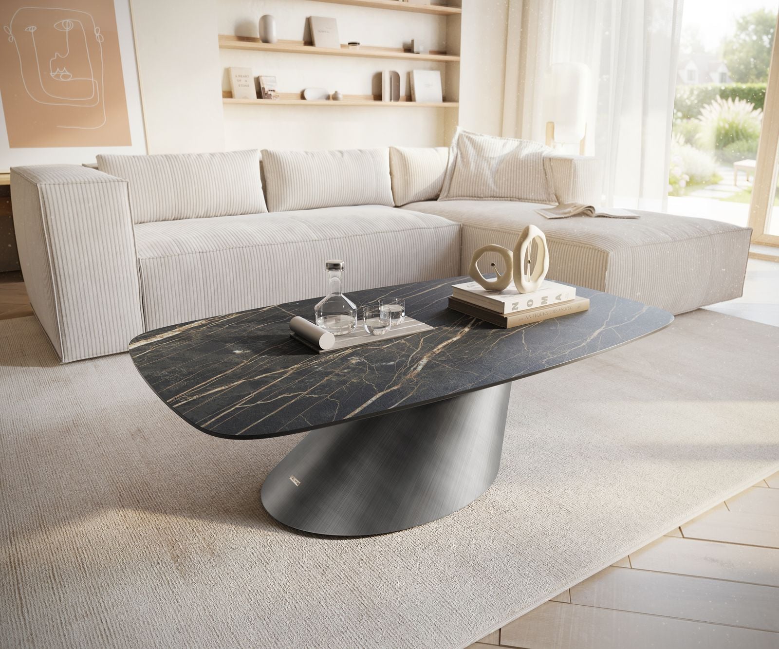 Konferenčný stolík Edge zaoblený 120x70 cm keramika Laminam® Noir Desir hnedá Conis metalická strieborná