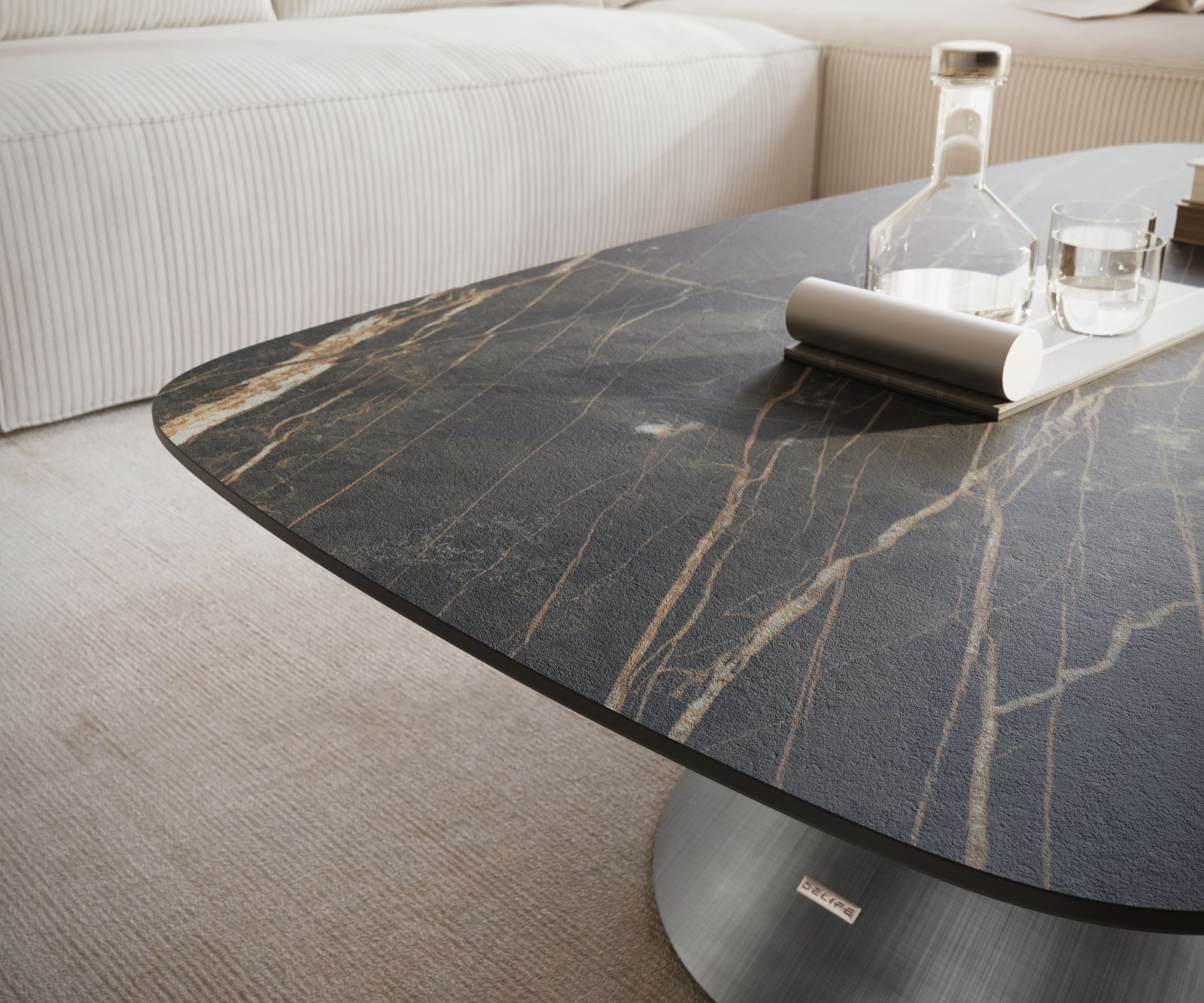 Konferenčný stolík Edge zaoblený 120x70 cm keramika Laminam® Noir Desir hnedá Conis metalická strieborná - Image 6