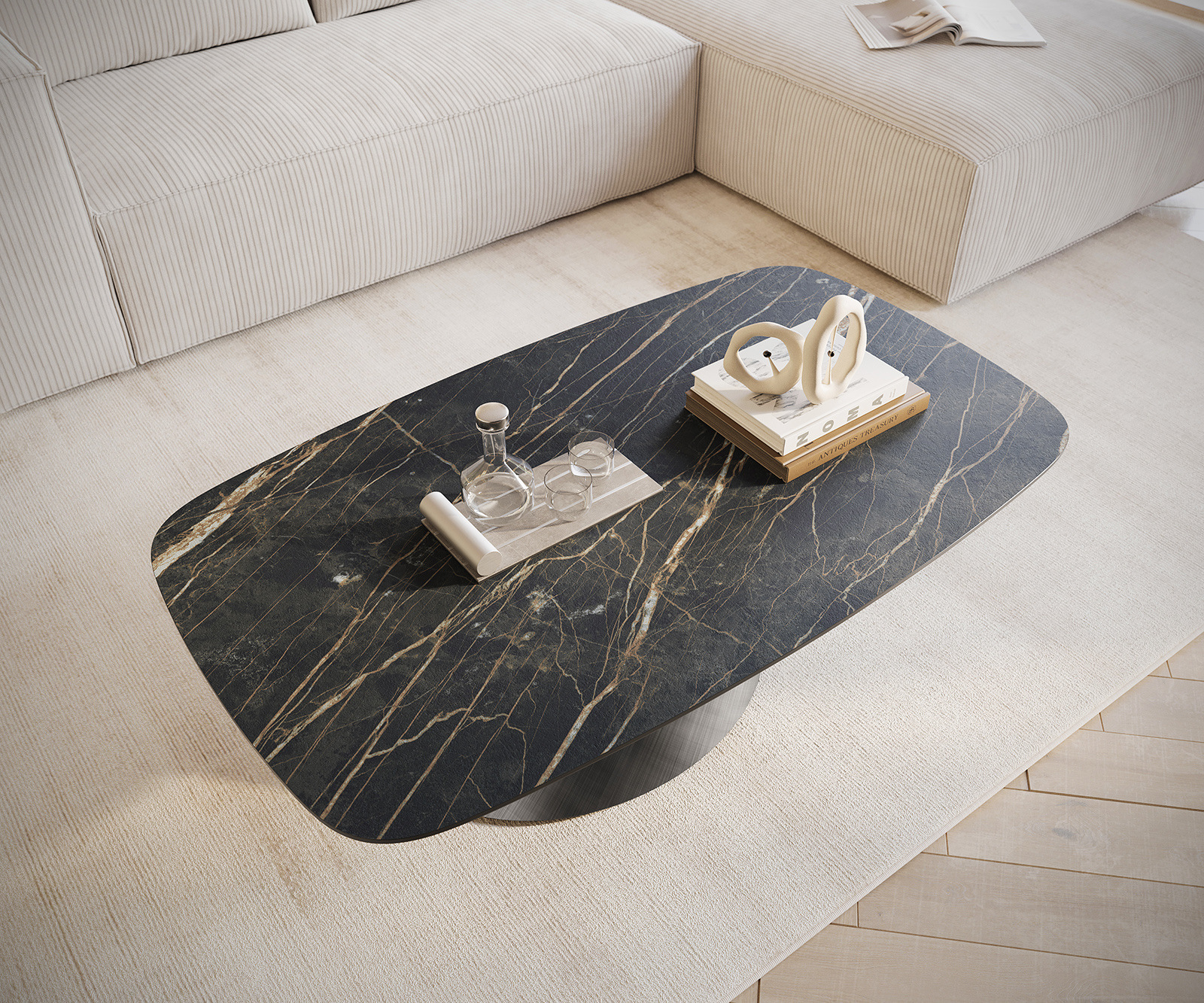 Konferenčný stolík Edge zaoblený 120x70 cm keramika Laminam® Noir Desir hnedá Conis metalická strieborná - Image 4